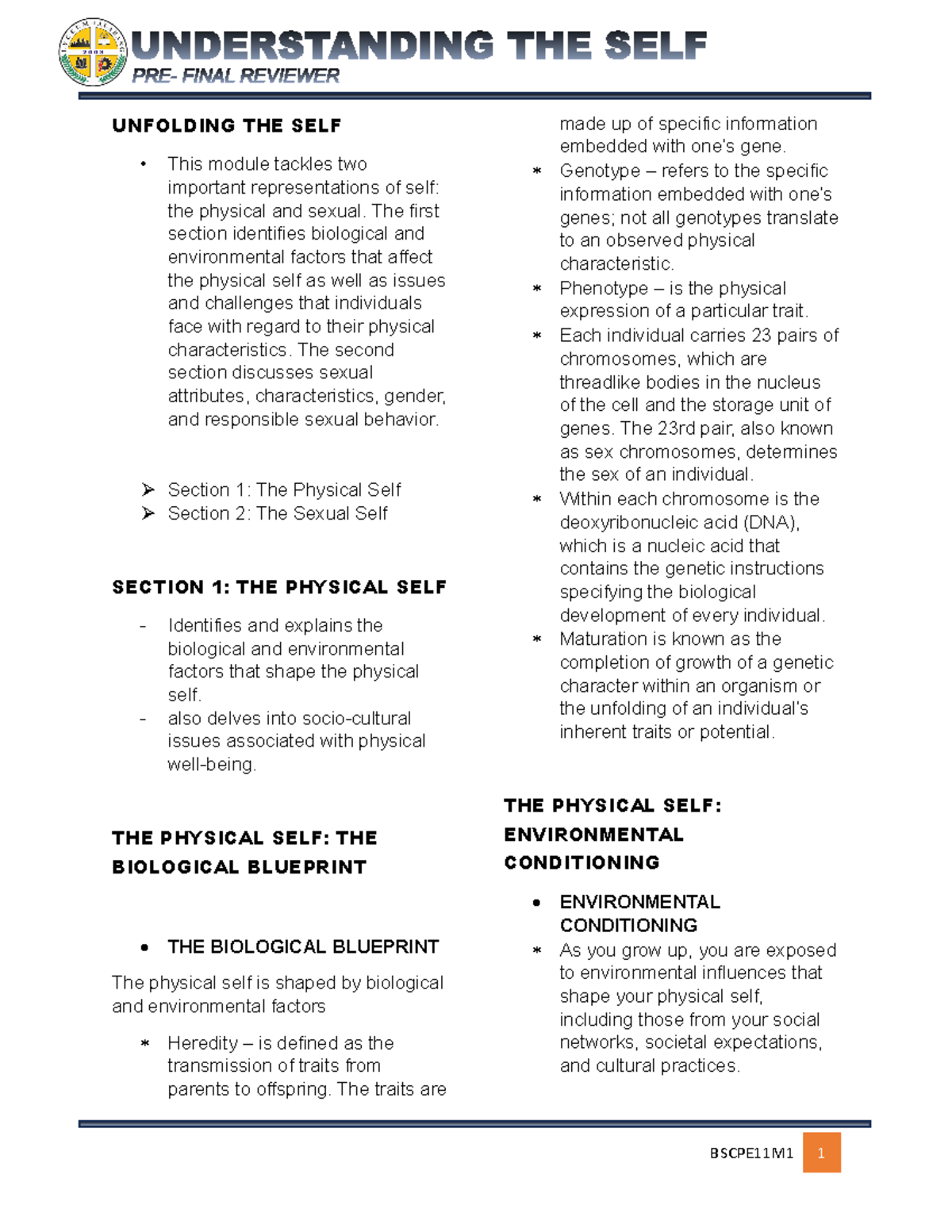 UTS PRE Final Reviewer - PRE- FINAL REVIEWER UNFOLDING THE SELF This ...