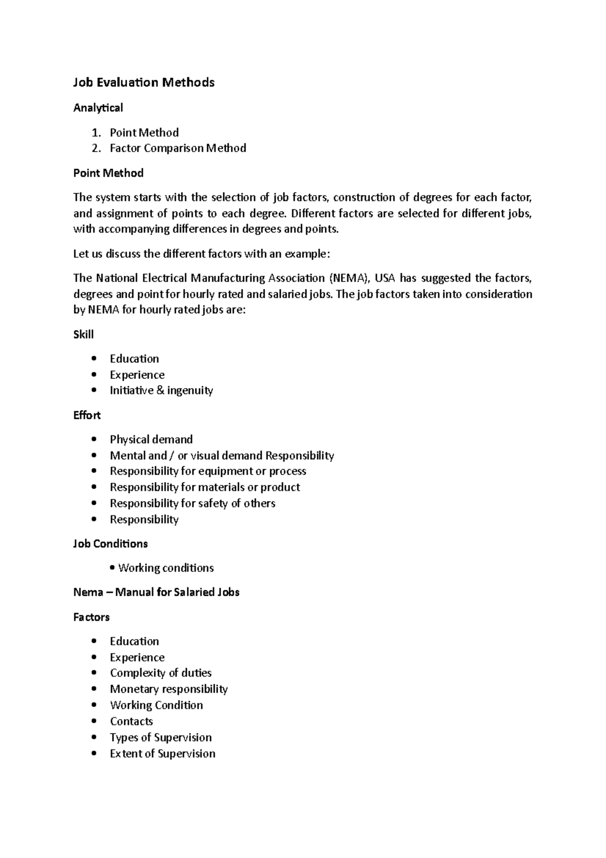 Job Evaluation Methods Job Evaluation Methods Analytical Point Method