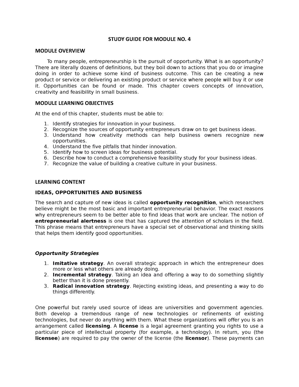 Entrep SG 4 - lecture - STUDY GUIDE FOR MODULE NO. 4 MODULE OVERVIEW To ...