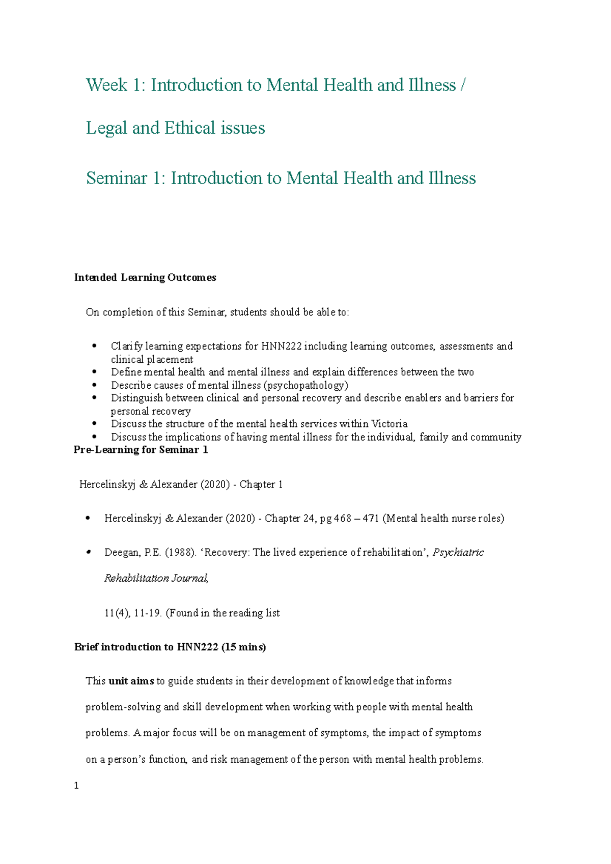 Week 1 Seminar 1 - Week 1: Introduction to Mental Health and Illness ...