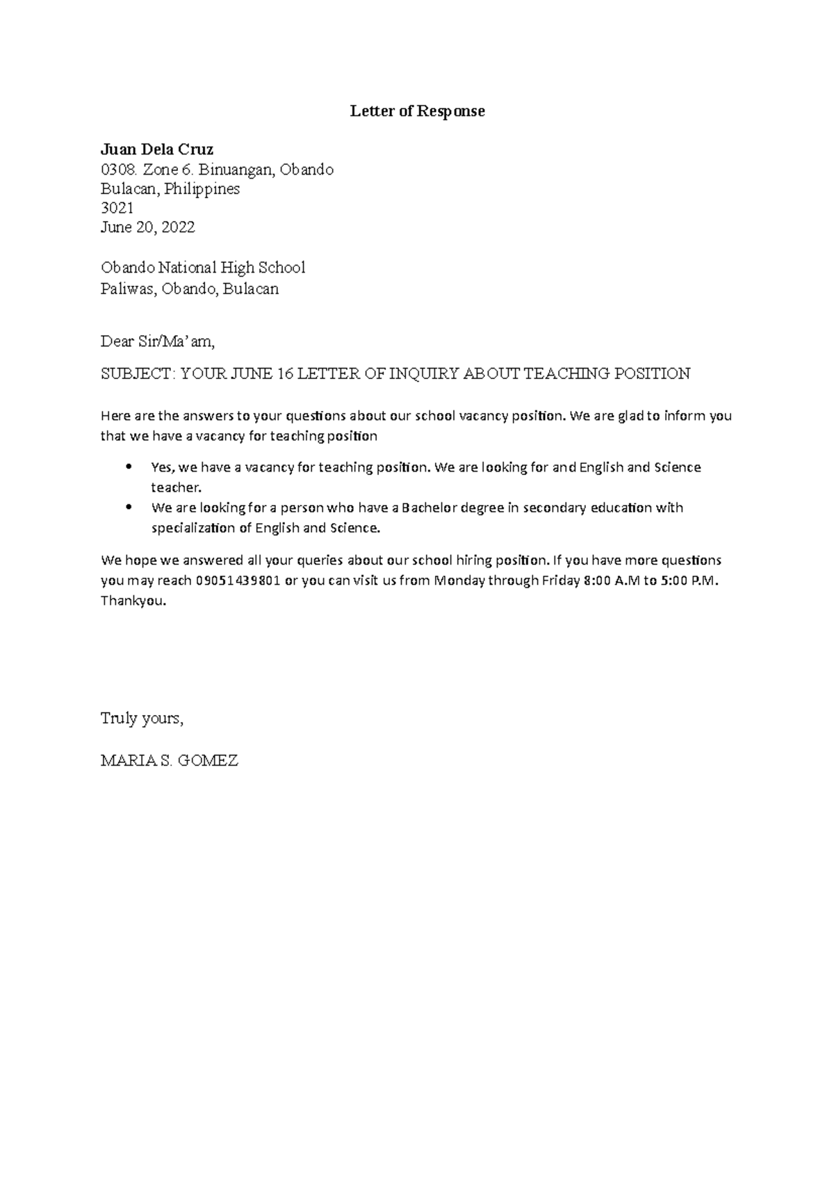 Letter Of Inquiry - Letter Of Response Juan Dela Cruz 0308. Zone 6 