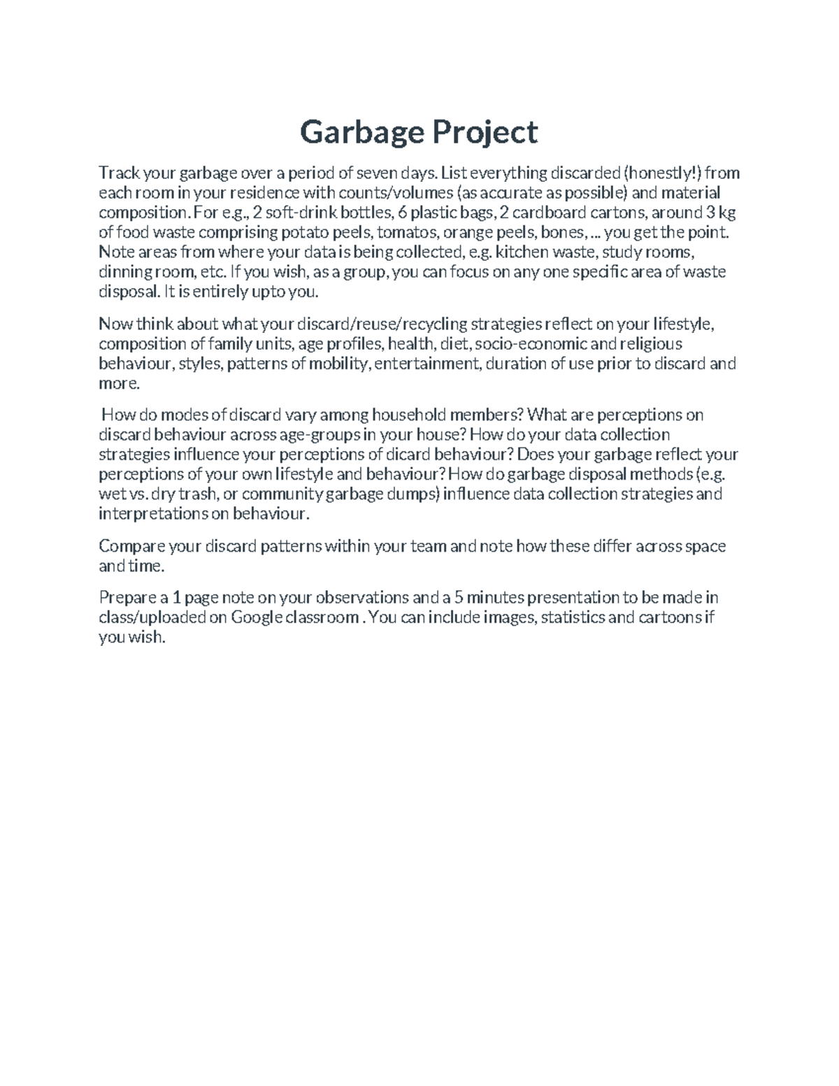 Classroom - Garbage Project Track your garbage over a period of seven ...