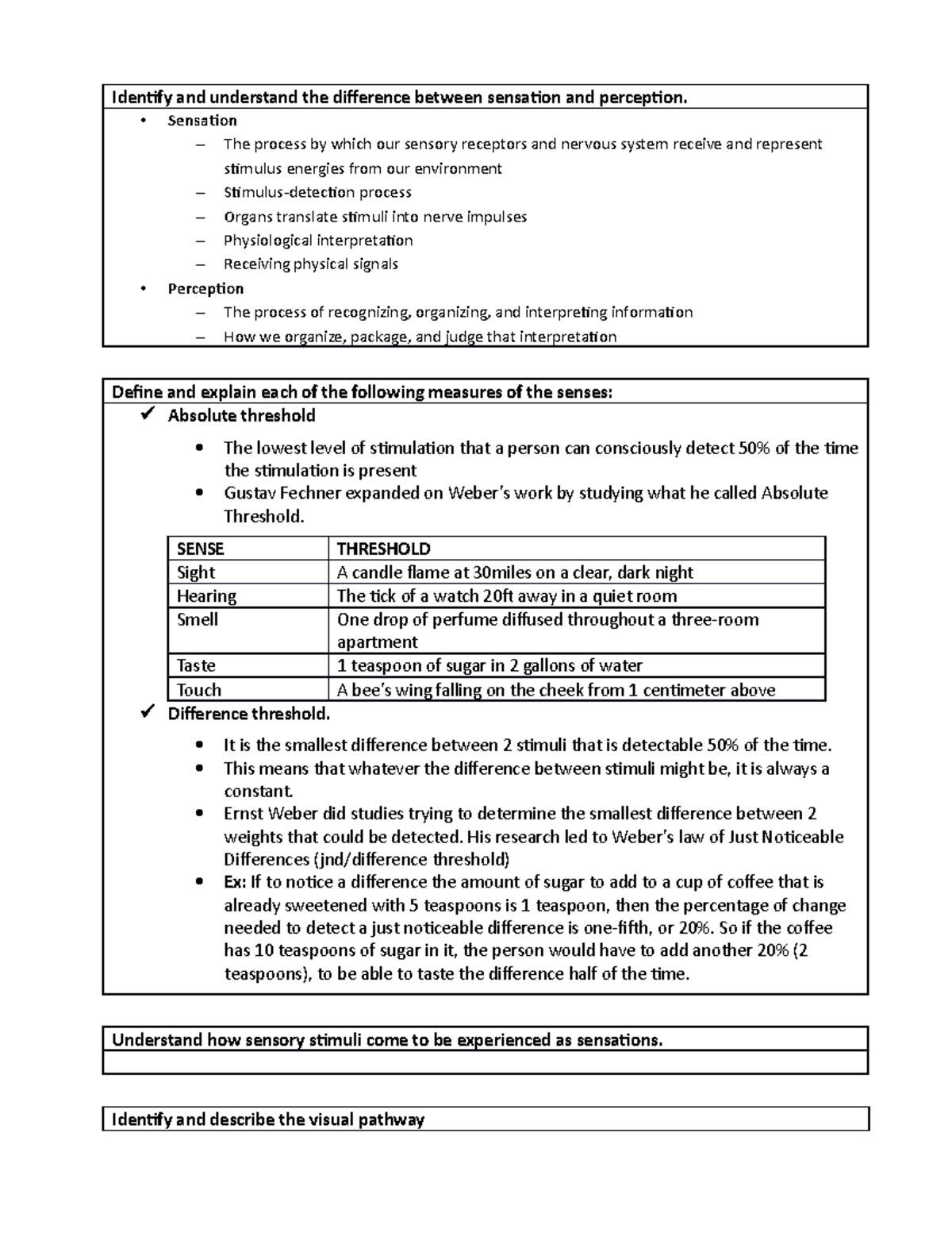 Test 2 Notes - Identify and understand the difference between sensation ...