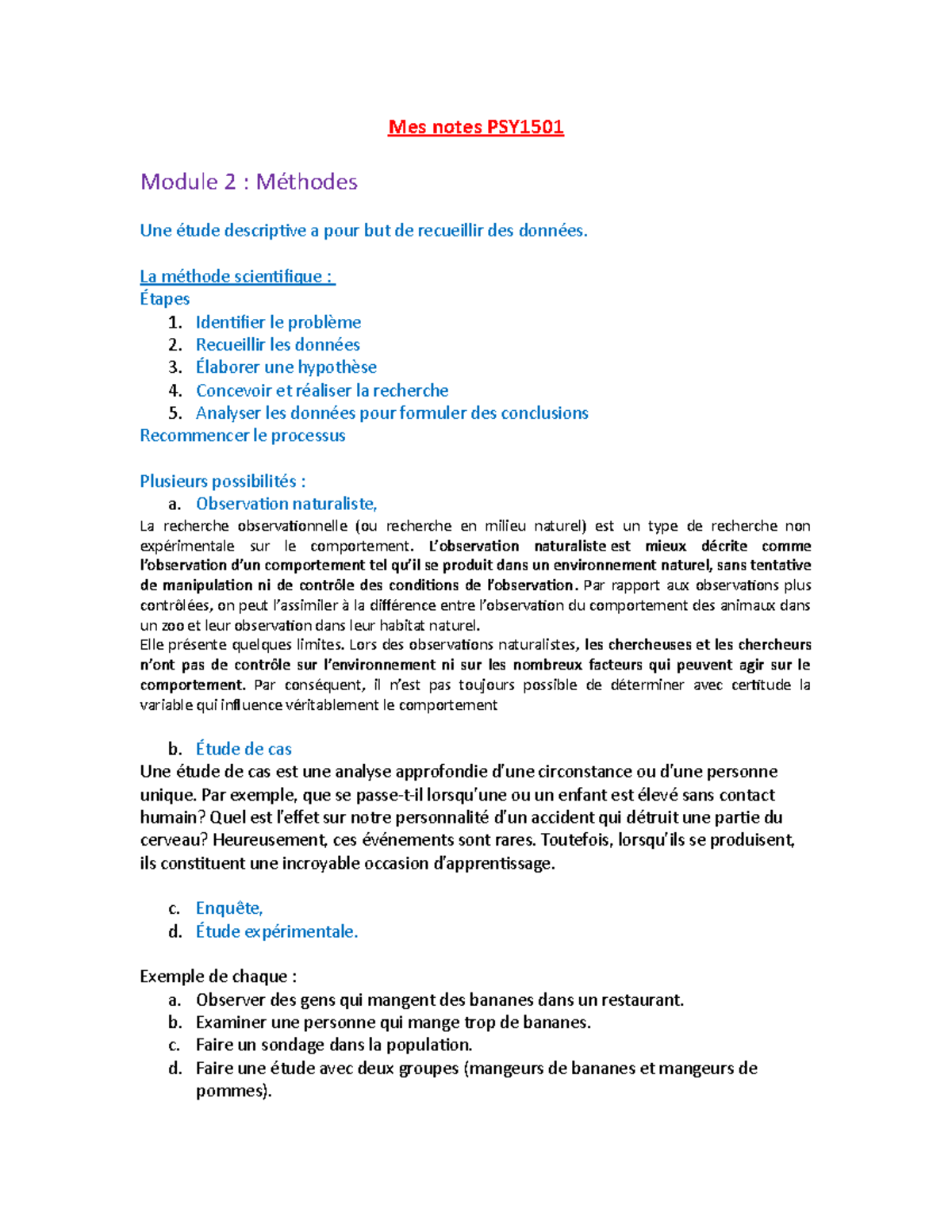 Mes notes (à compléter) PSY1501 - Mes notes PSY Module 2 : Méthodes Une ...