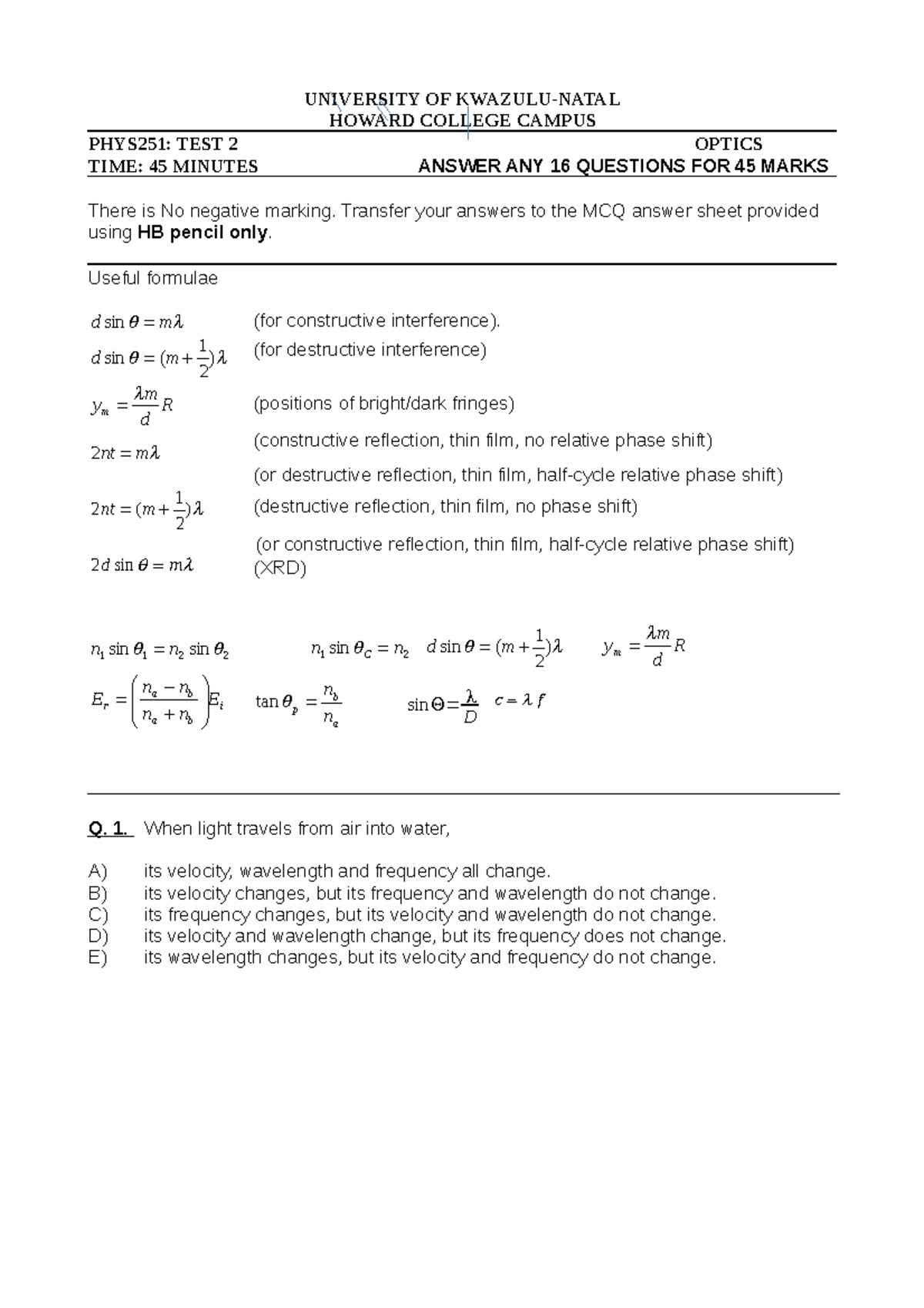 Test 2016, questions - UNIVERSITY OF KWAZULU-NATAL HOWARD COLLEGE ...