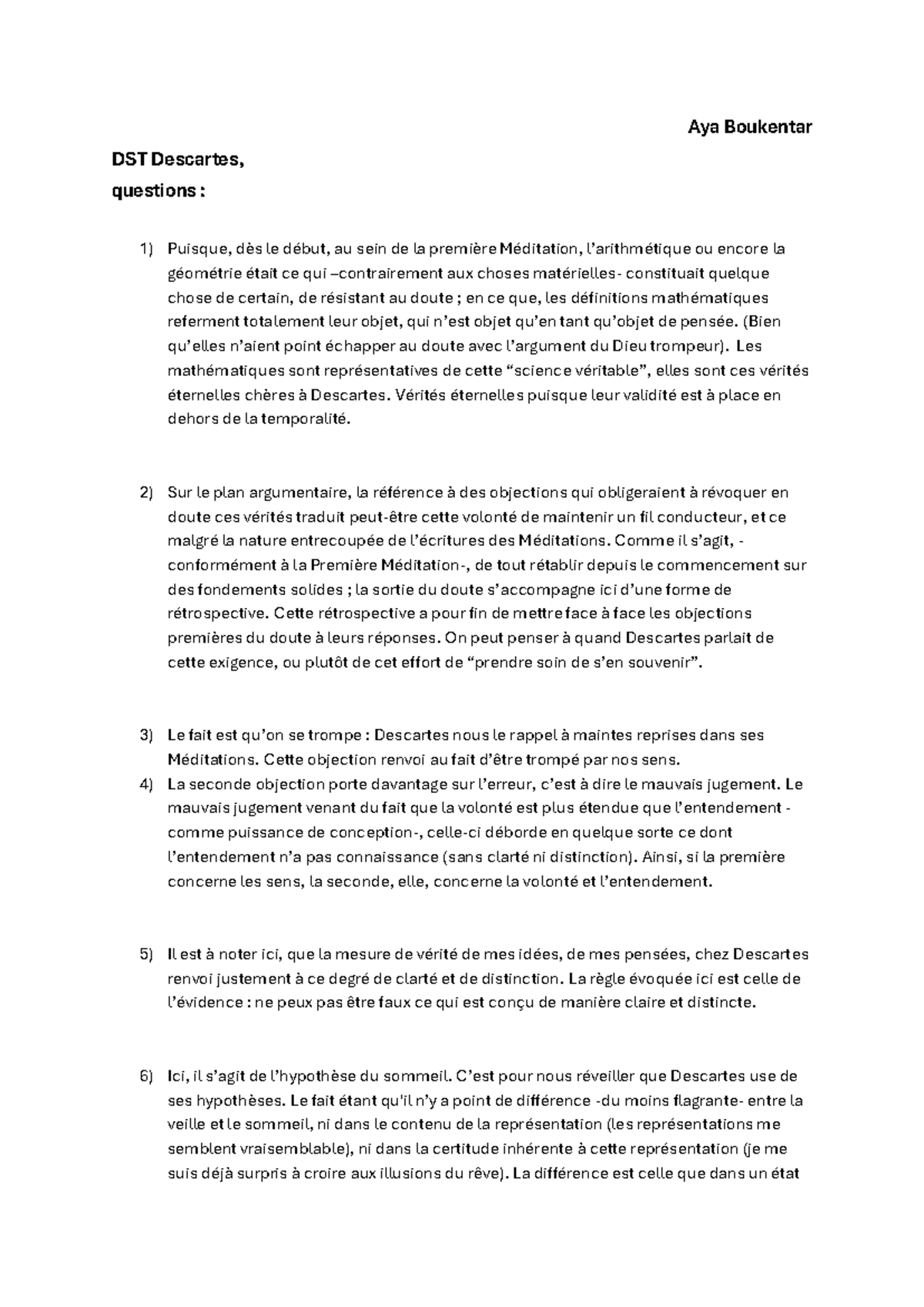 Descartes petites questions - Aya Boukentar DST Descartes, questions ...