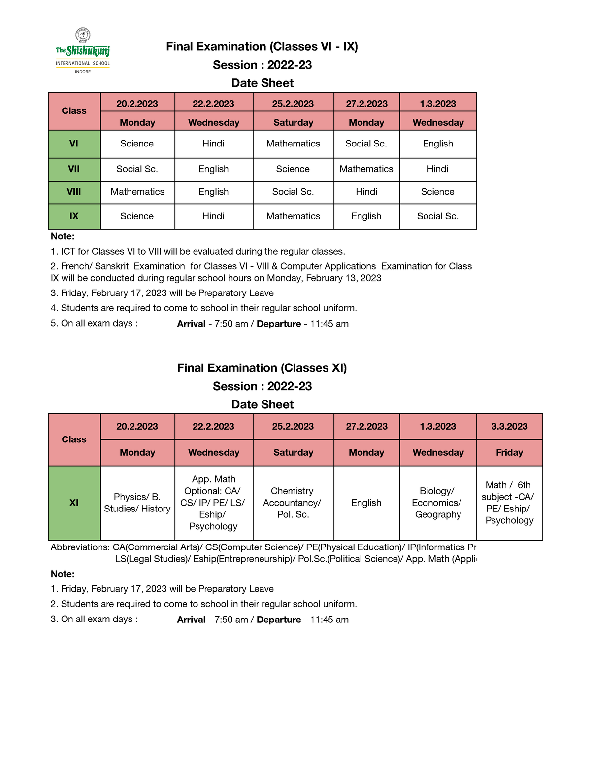 Final-Exam-Date-Sheet-For-Classes-VI-IX-XI - Final Examination (Classes ...