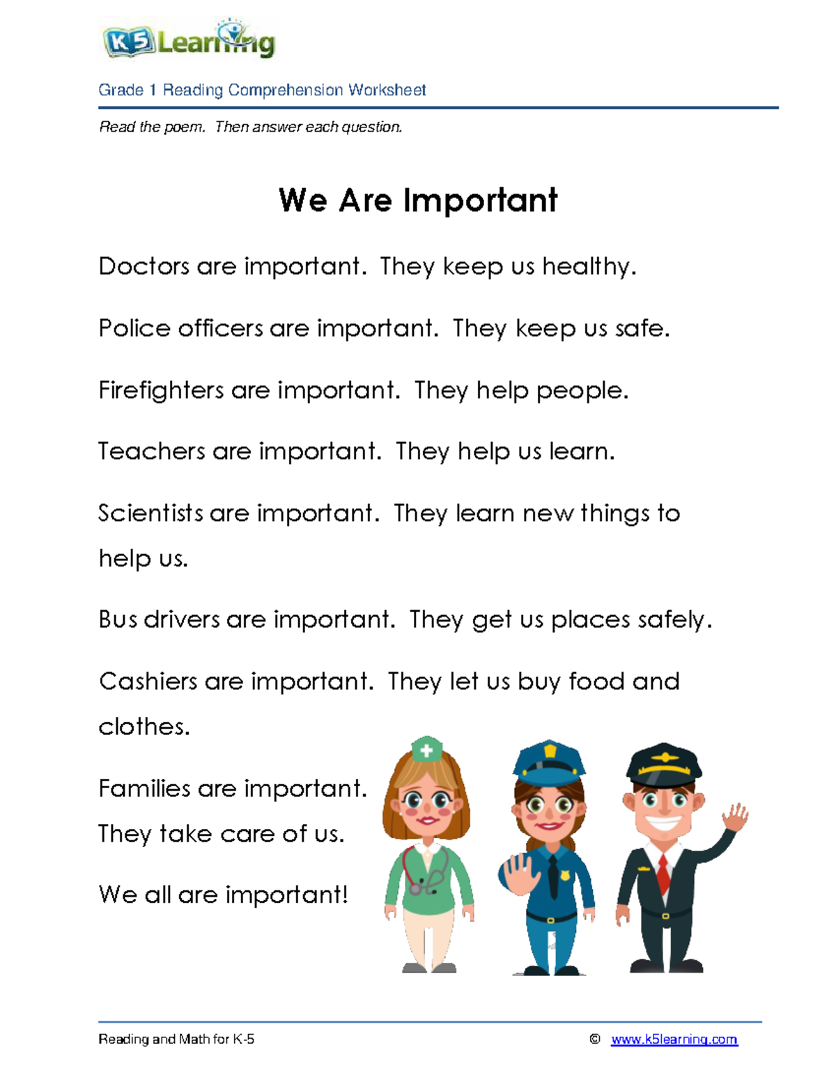 1st Graders Reading Material People who are important. Grade 1
