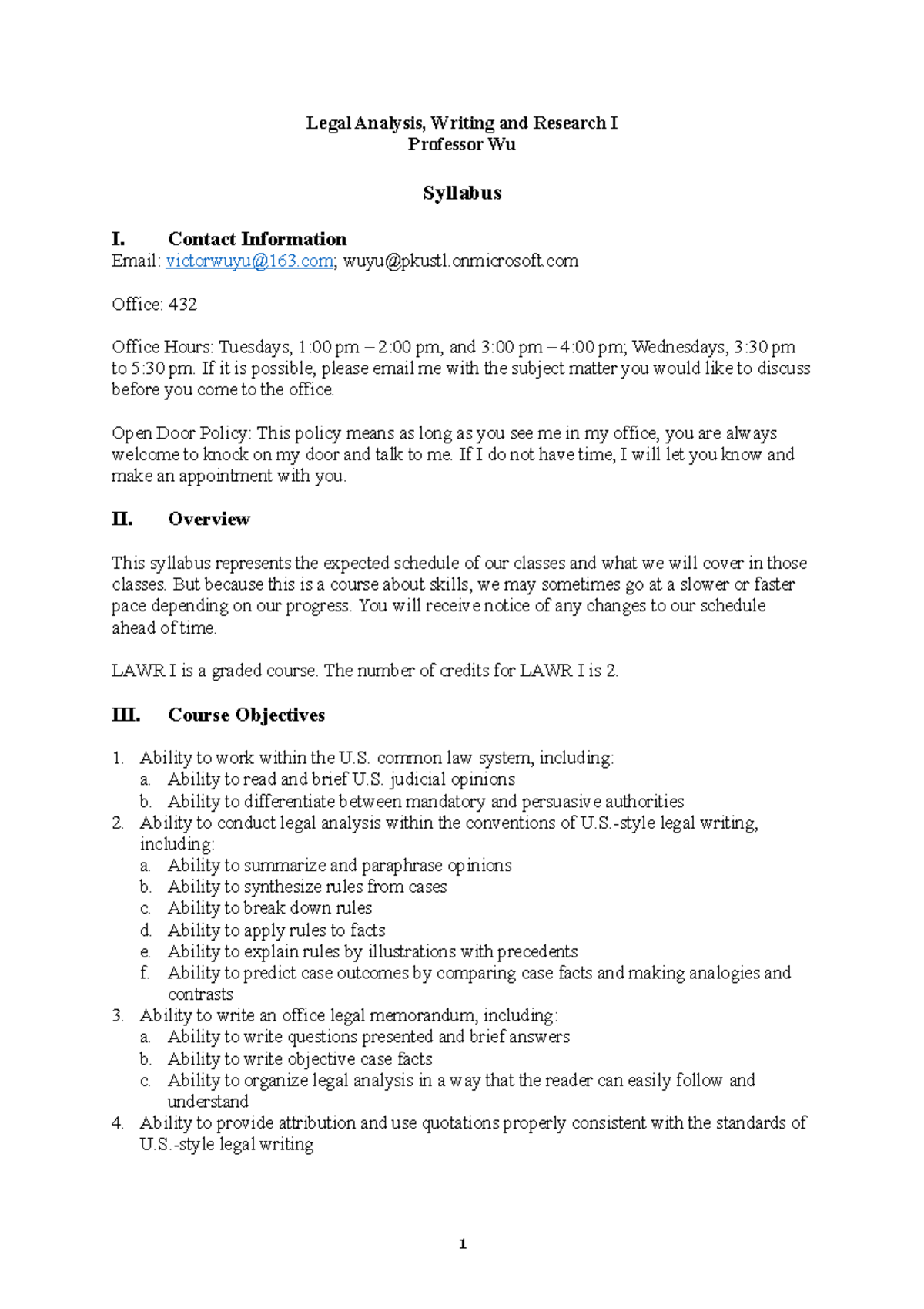 LAWR 1 Syllabus Wu - Legal Analysis, Writing and Research I Professor ...