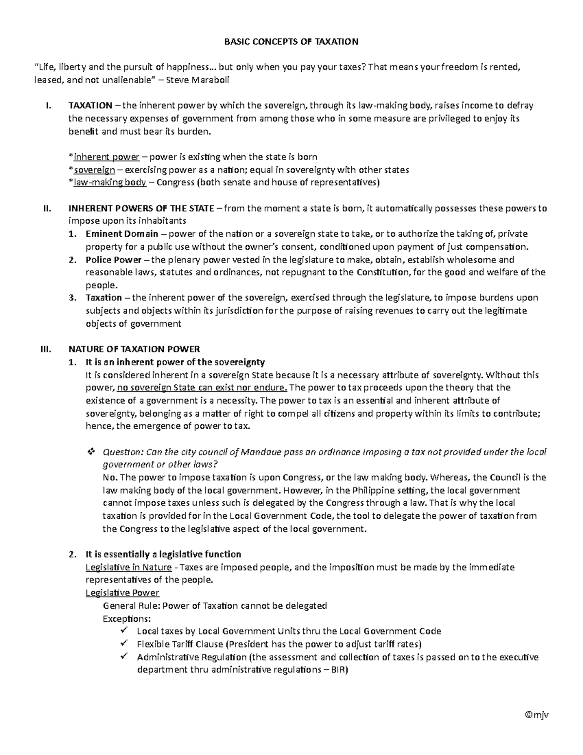 Taxation Notes - BASIC CONCEPTS OF TAXATION “Life, liberty and the ...