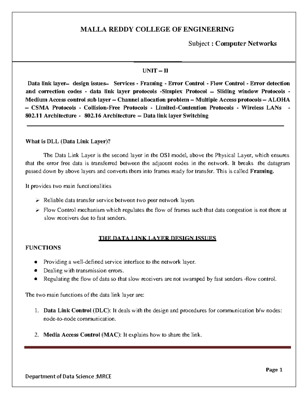CN Chapter 2 - ............ - Page 1 MALLA REDDY COLLEGE OF ENGINEERING ...