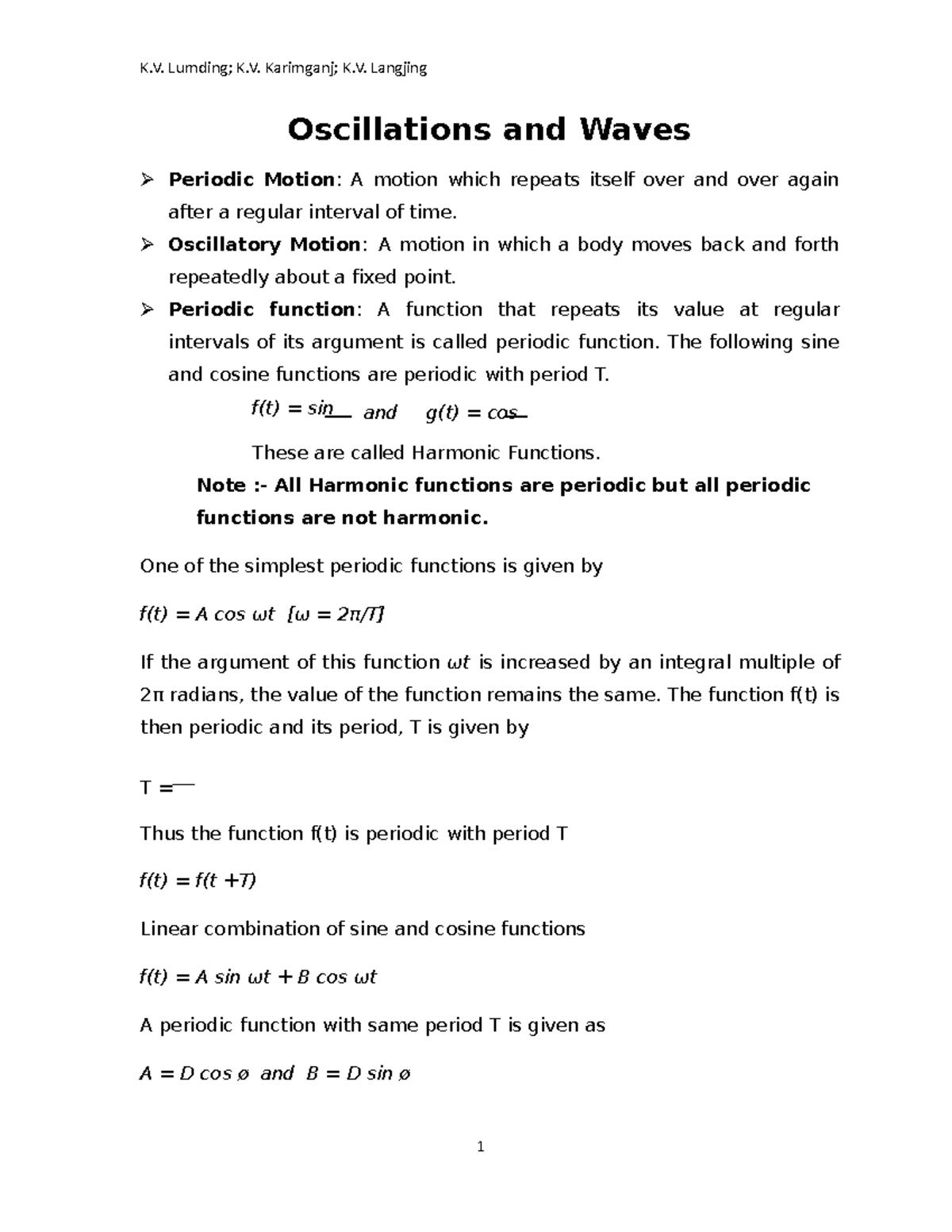 11 physics notes 10 oscillations and waves Oscillations and Waves