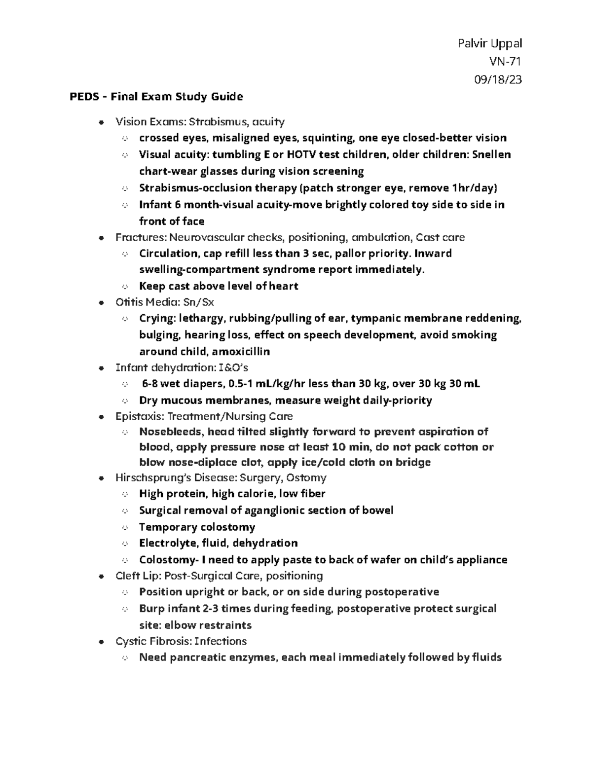 PEDS - Final Exam Study Guide - VN- 09/18/ PEDS - Final Exam Study ...