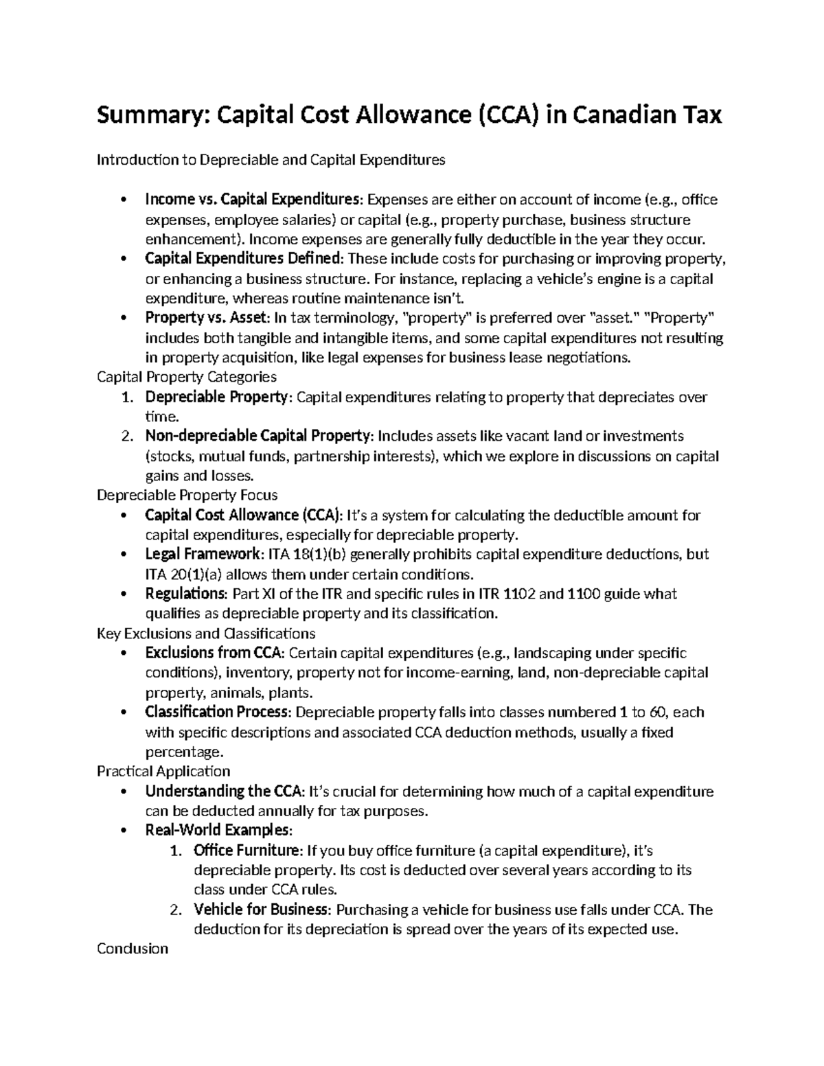 Tax Chapter 5 Notes Summary Capital Cost Allowance (CCA) in