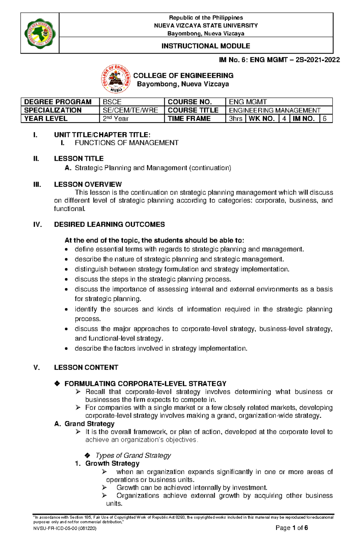 ENG MGMT IM No. 6 - Module - NUEVA VIZCAYA STATE UNIVERSITY Bayombong ...