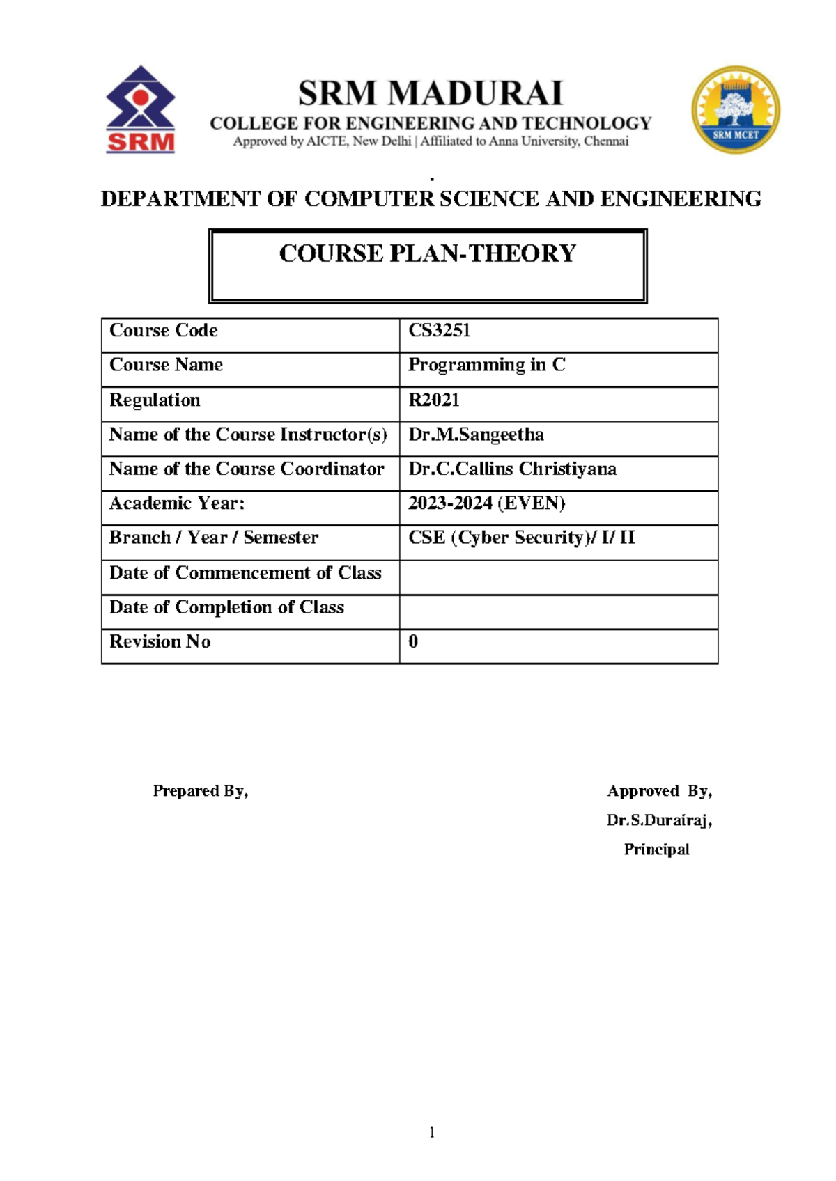 Course Plan theory-Programming in C(cyber) - . DEPARTMENT OF COMPUTER ...