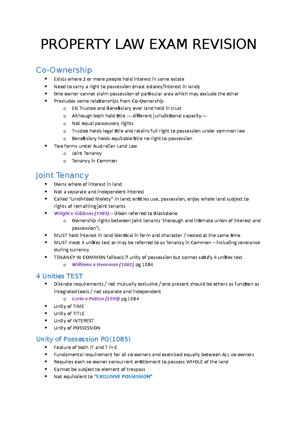 Property LAW EXAM Revision PROPERTY LAW EXAM REVISION CoOwnership