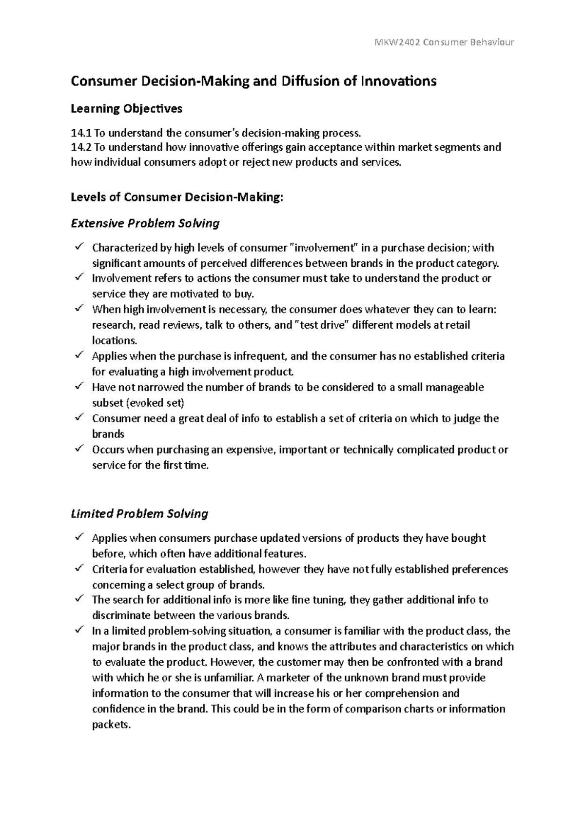 MKW2402 Notes 11 (Week 11) - Consumer Decision-Making and Diffusion of ...