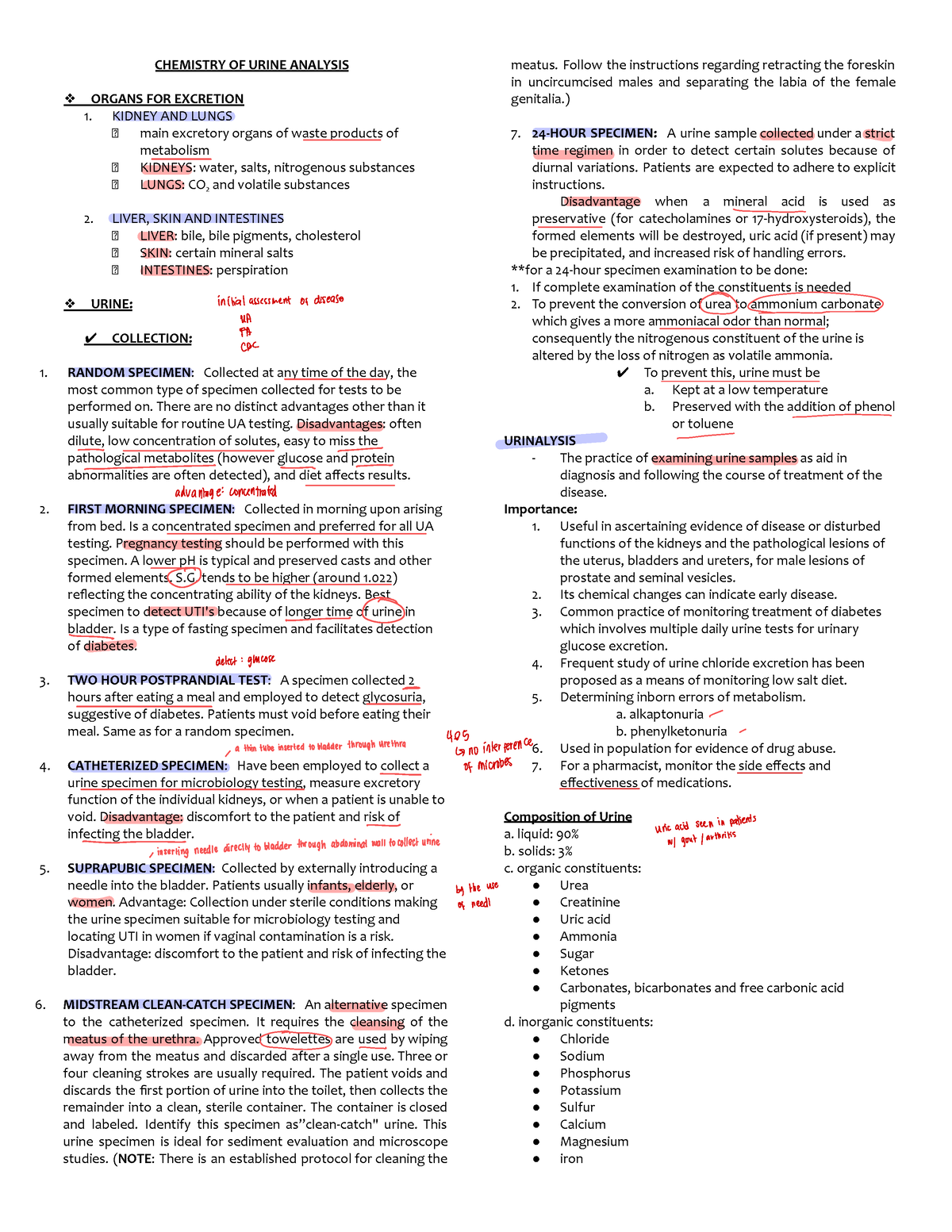 Urinalysis and Fecalysis additional notes - CHEMISTRY OF URINE ANALYSIS ...