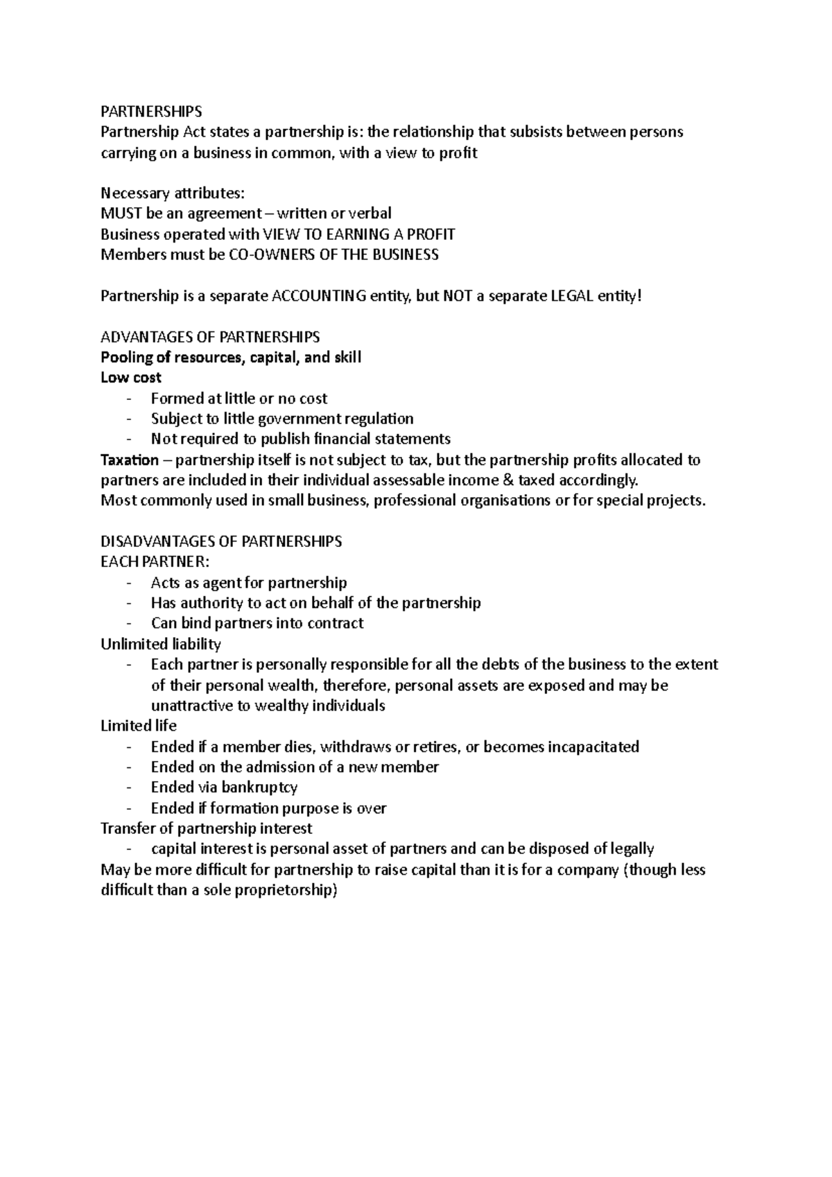 Partnership Notes - PARTNERSHIPS Partnership Act states a partnership ...