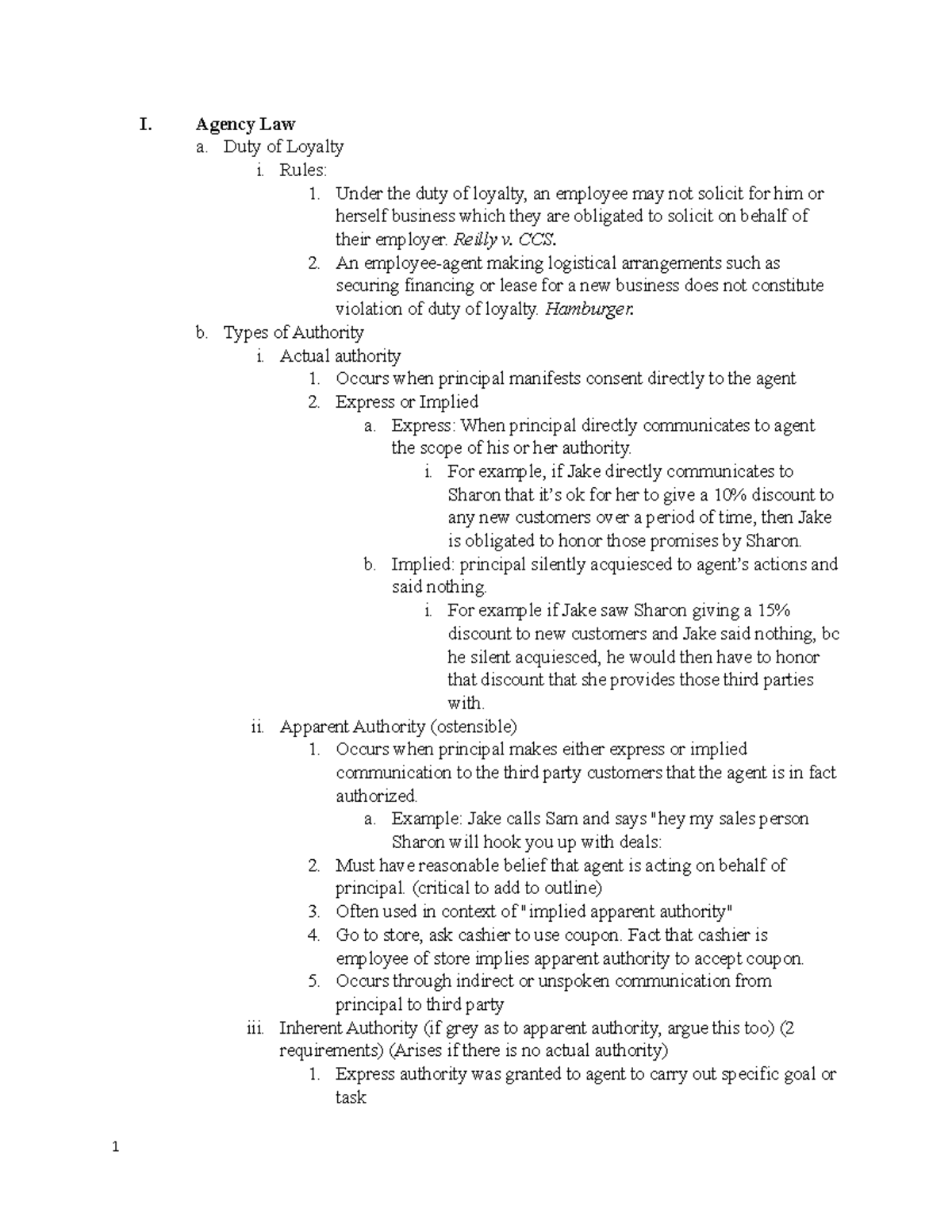 Bus Orgs Outline Martin Shelby Spring 2019 - I. Agency Law a. Duty of ...