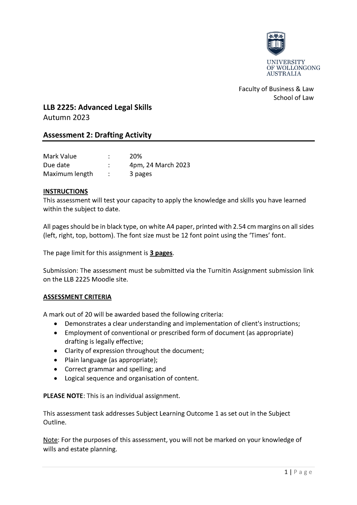 LLB2225 Drafting Assignment 2023 - 1 | P A G E Faculty Of Business ...