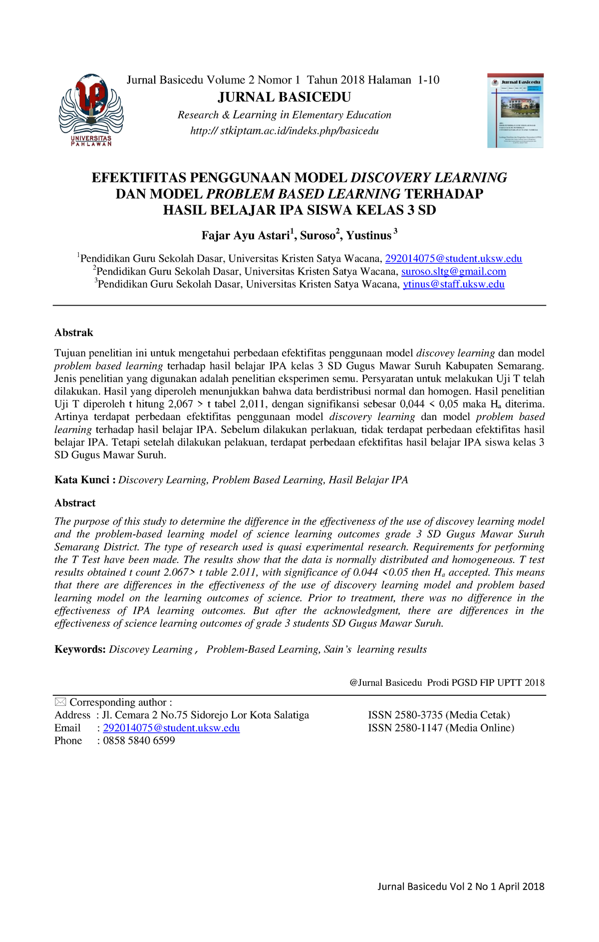 Efektifitas Penggunaan Model Discovery Learning Jurnal Basicedu