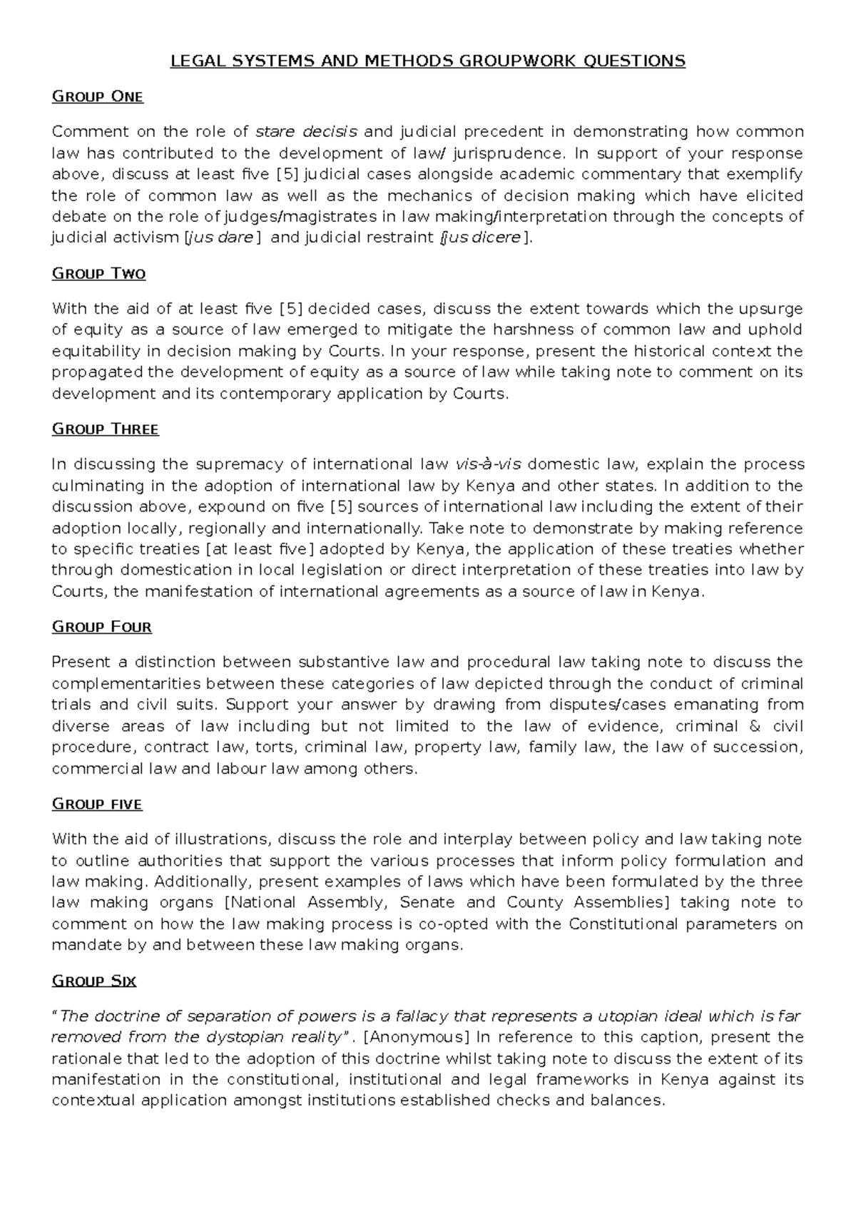 Legal Systems AND Methods Groupwork Questions LEGAL SYSTEMS AND