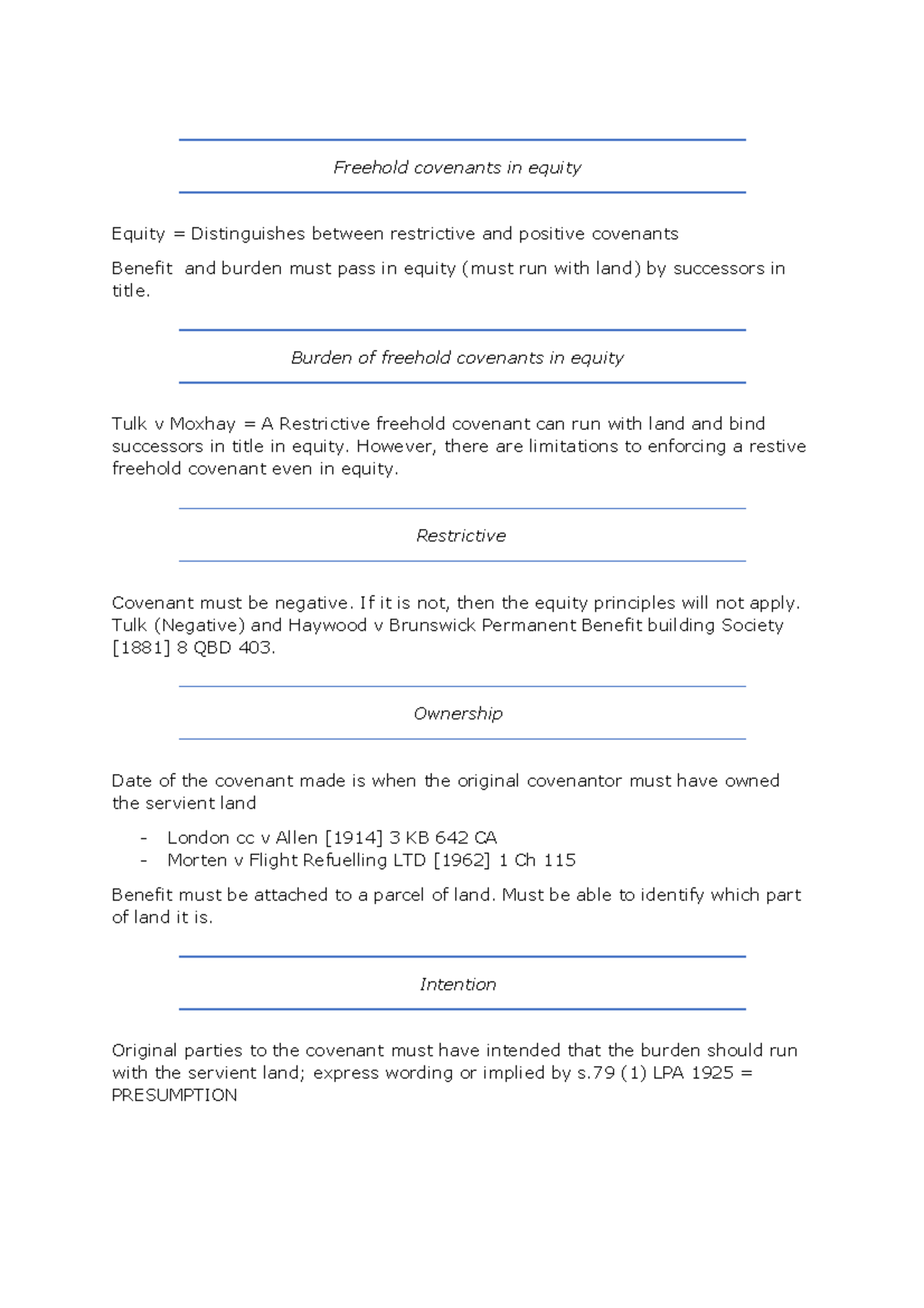 Freehold covenants in equity Property Law Freehold covenants in