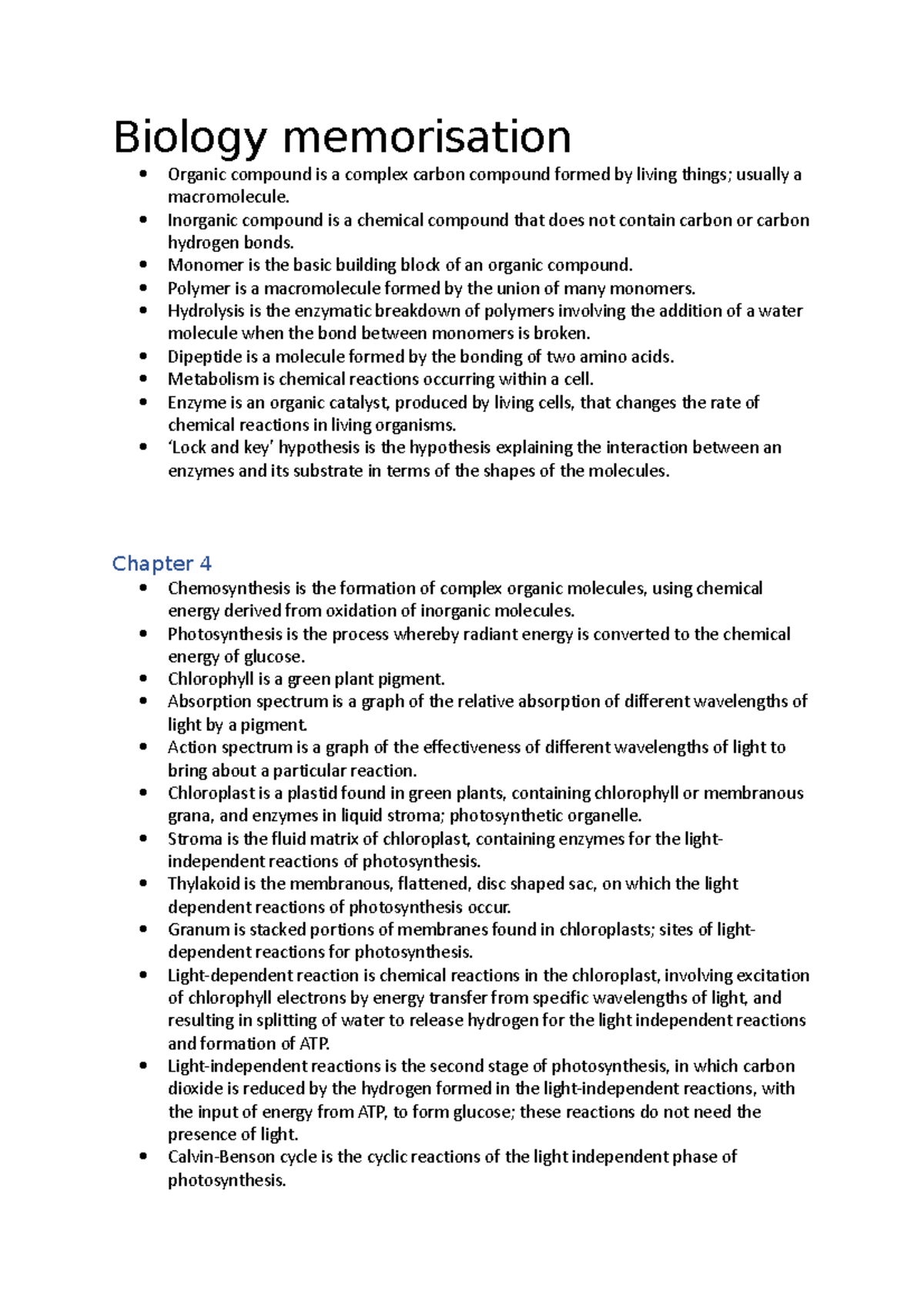 Biology memorisation - information - Biology memorisation Organic ...