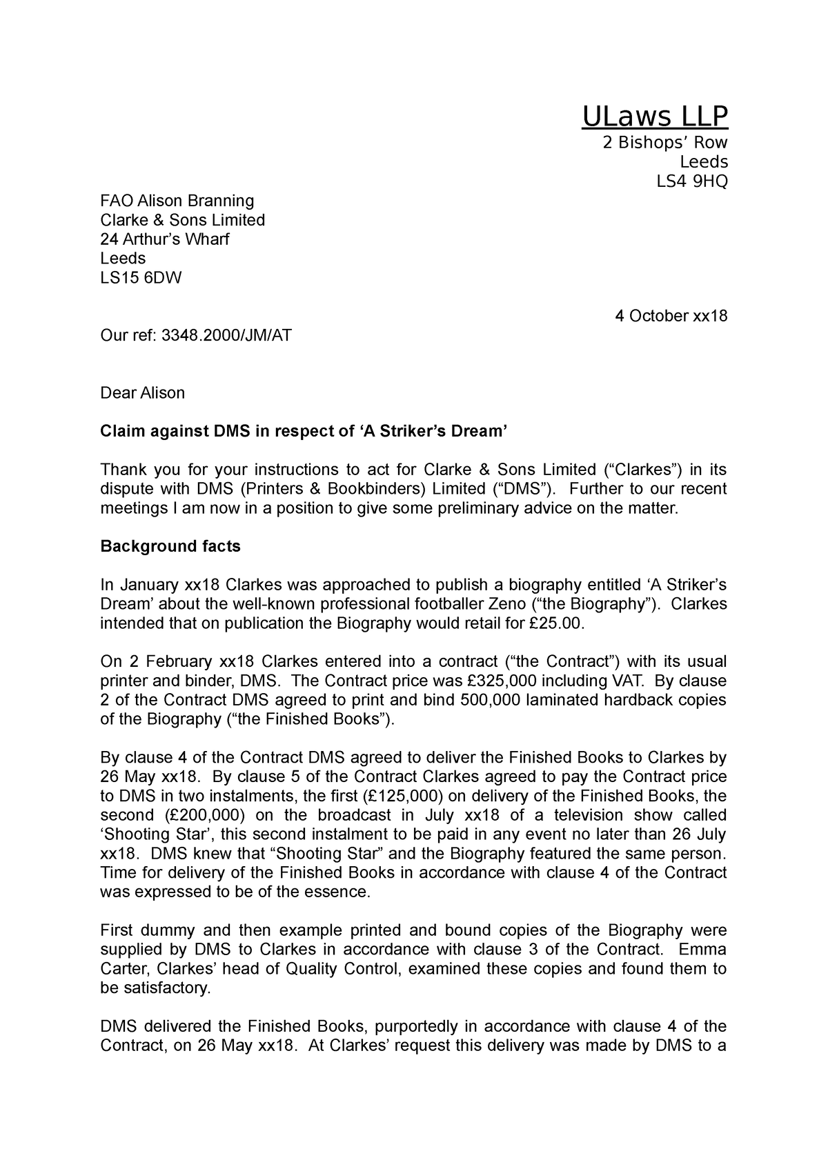 Dispute Resolution Prep Work Week 2 Letter Before Claim Ulaws Llp 2 Bishops Row Leeds Ls4 9hq 7200