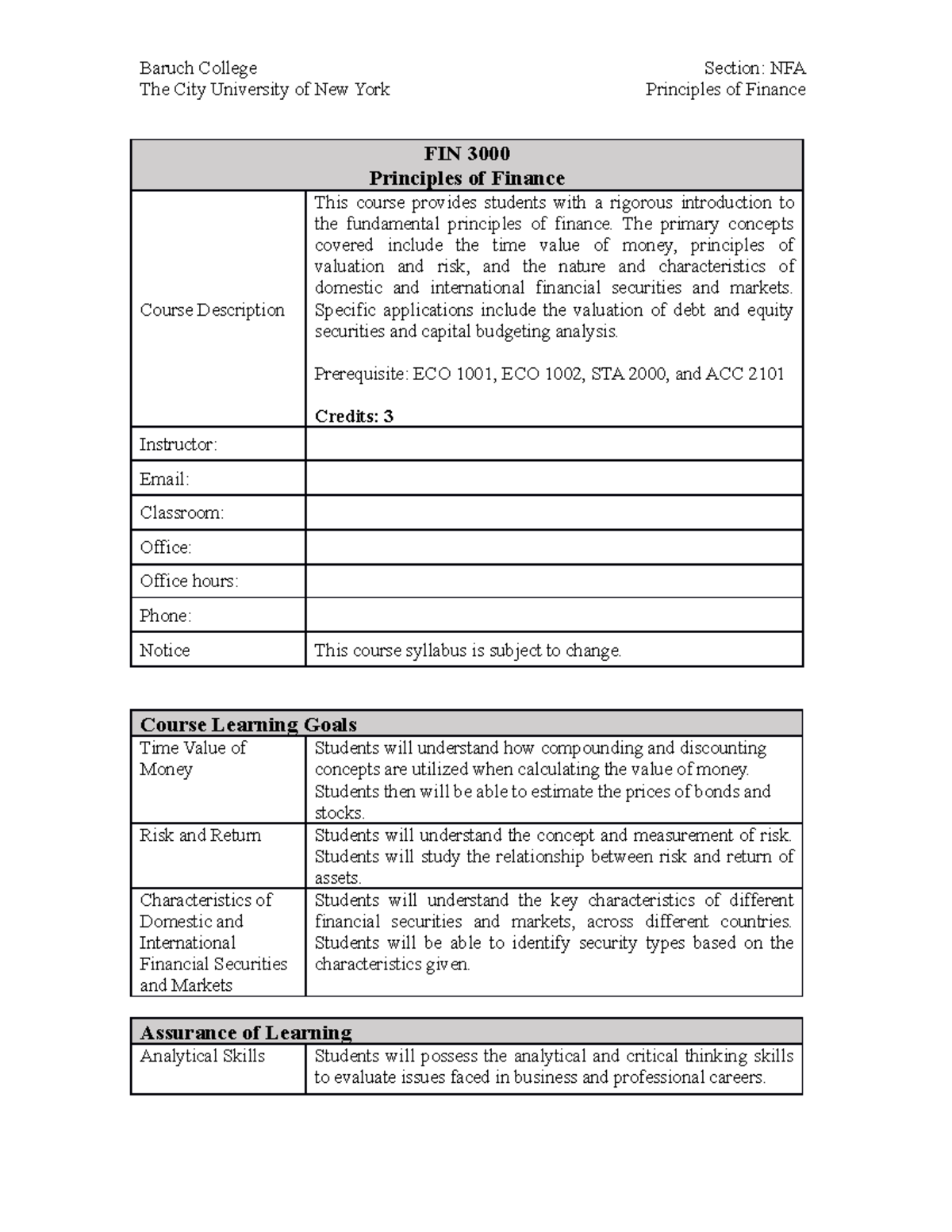 Fin3000 Syllabus - The City University Of New York Principles Of ...