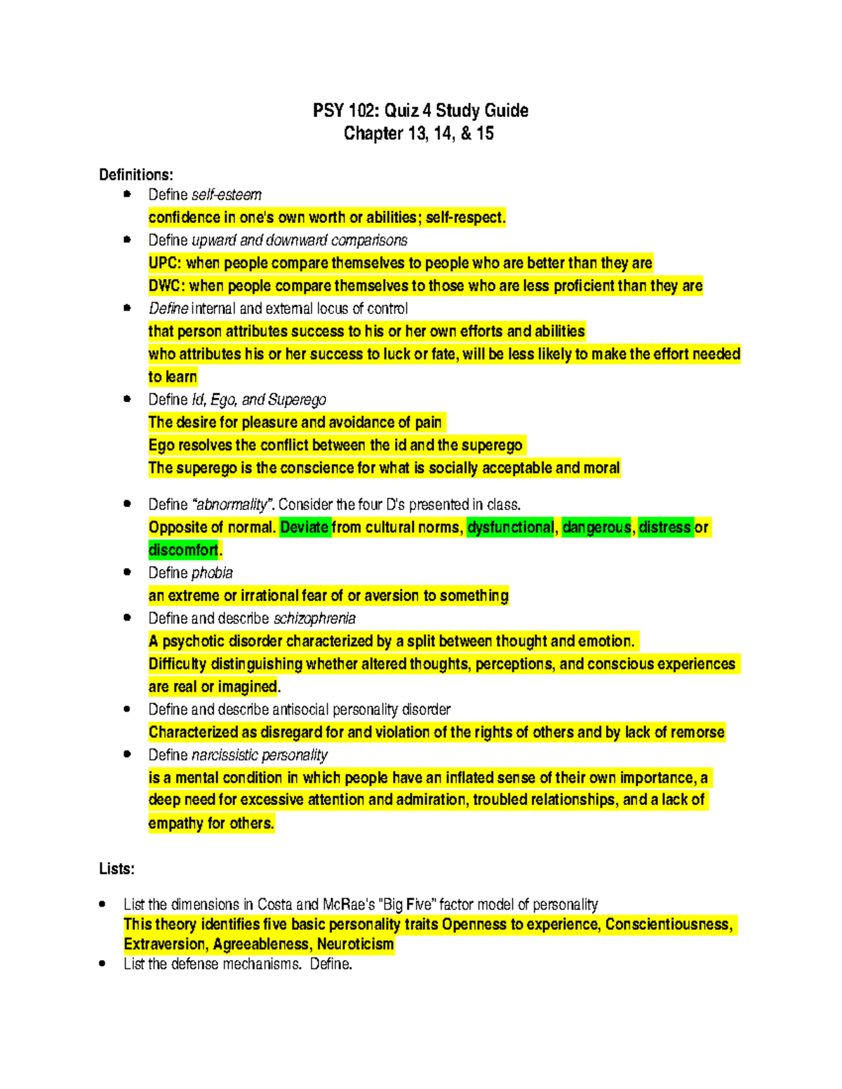PSY 102 Study Guide Quiz 4 - PSY 102: Quiz 4 Study Guide Chapter 13, 14 ...