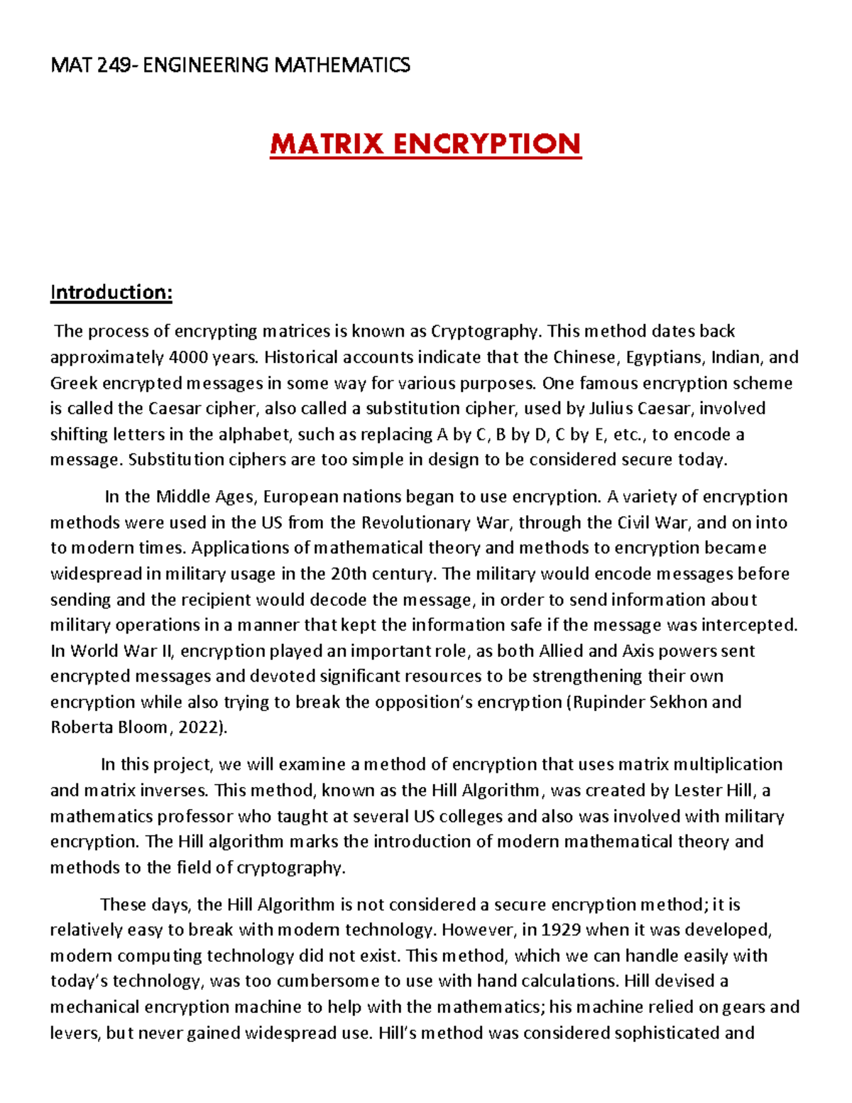 Matrix encryption Final Project - MAT 249 - ENGINEERING MATHEMATICS ...