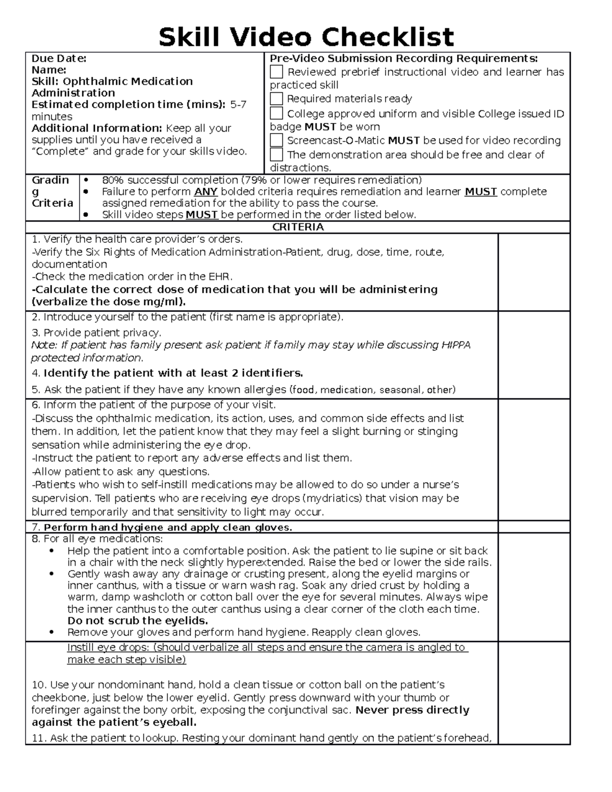 Ophthalmic Medication Administration Checklist - Skill Video Checklist ...