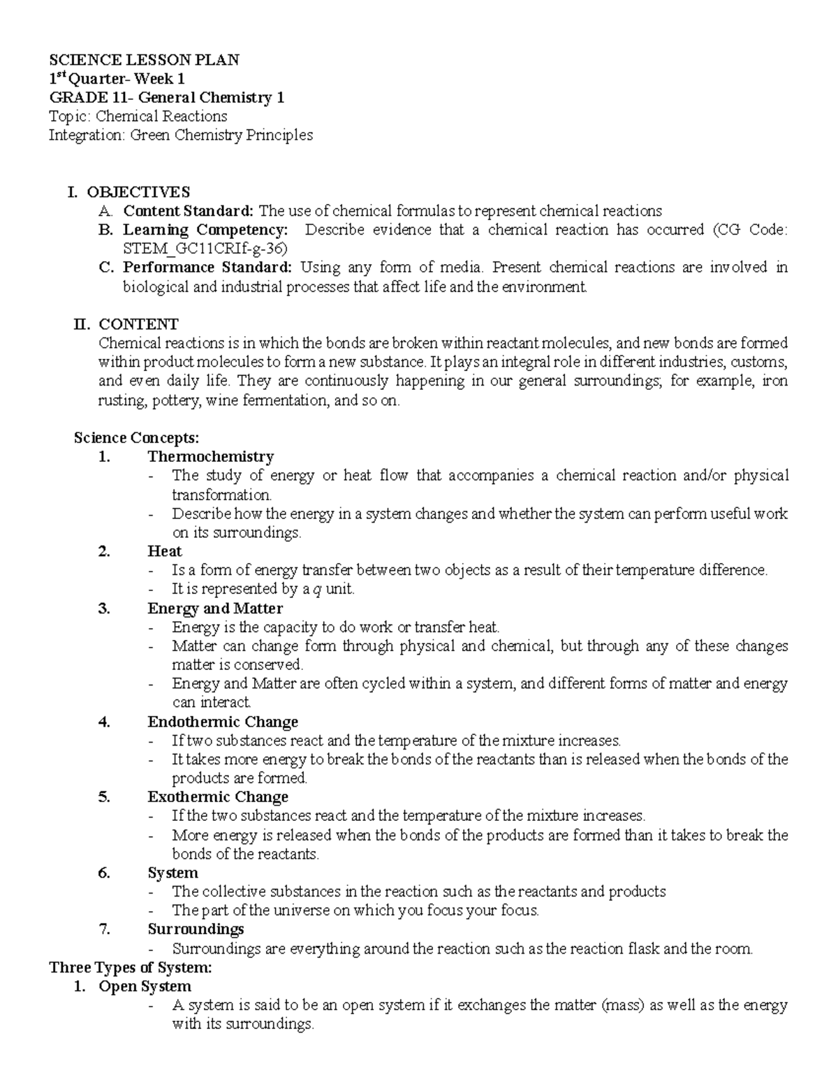 Lesson PLAN - SCIENCE LESSON PLAN 1 st Quarter- Week 1 GRADE 11 ...