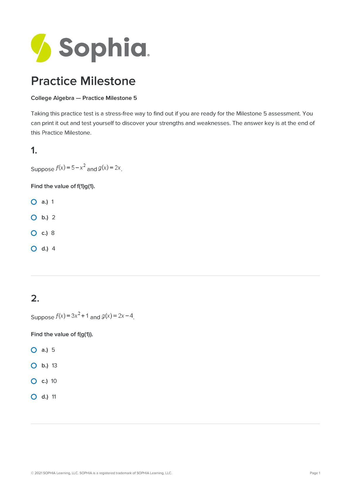 Ca1001 Unit 5 Practice Milestone - A.) 1 B.) 2 C.) 8 D.) 4 A.) 5 B.) 13 ...