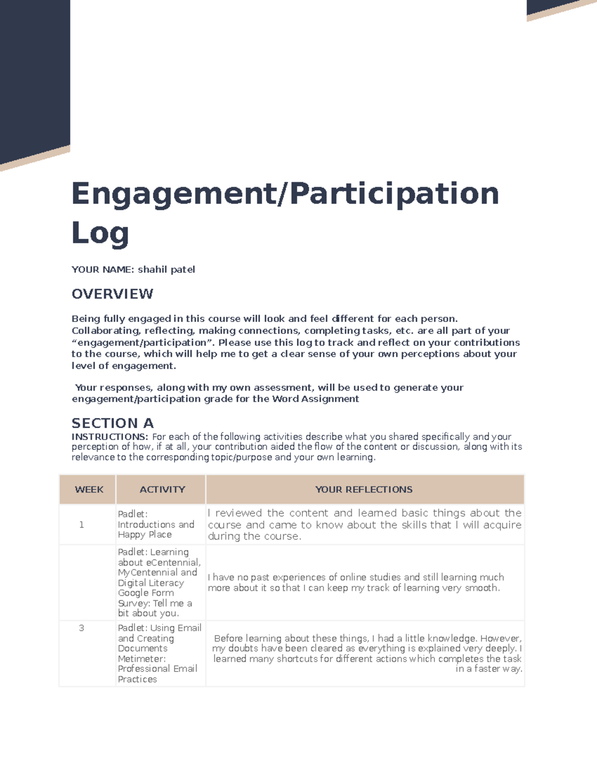 Engagement and Participation Log for Word Assignment - Engagement ...