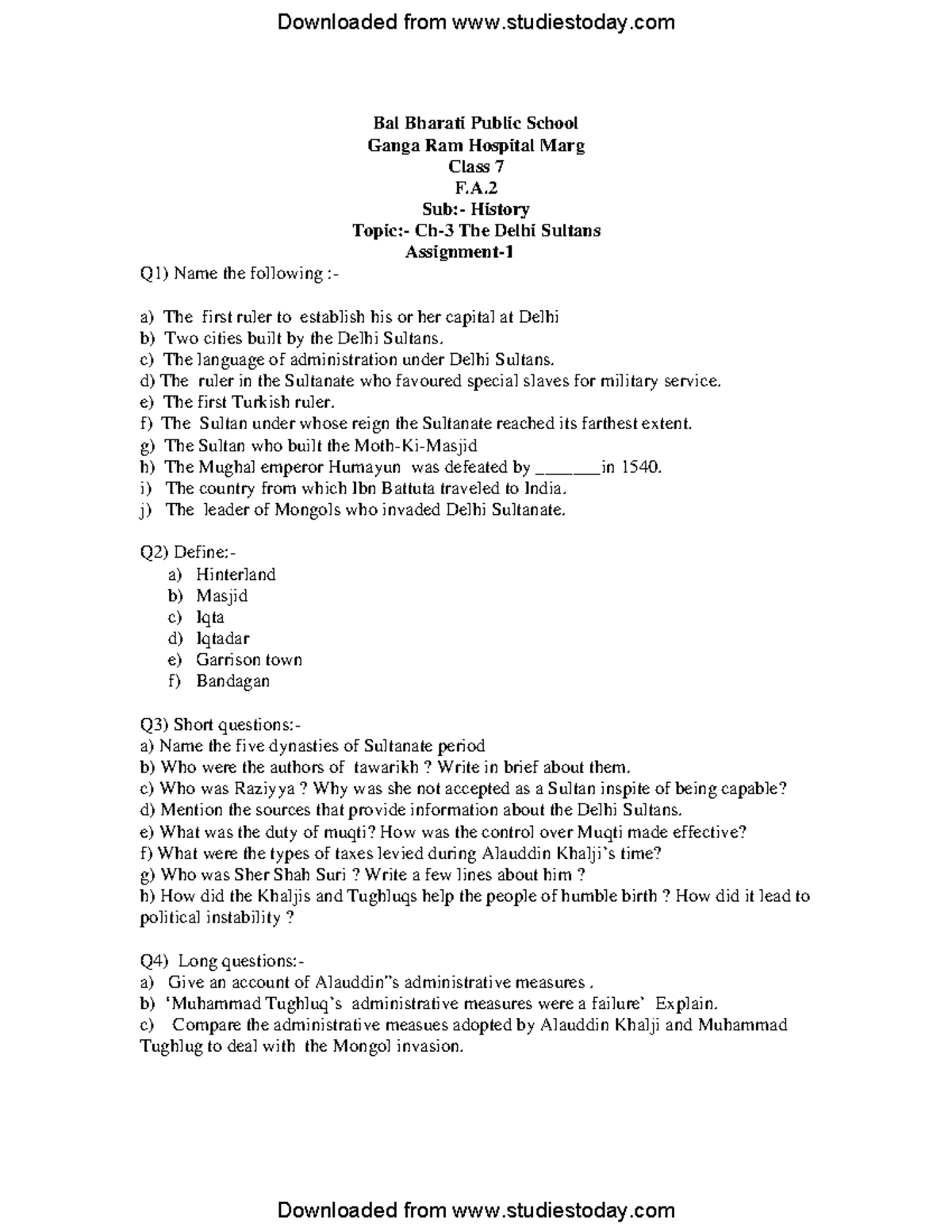 Cbse Class 7 History Worksheet Bal Bharati Public School Ganga Ram Cbse Class 7 History Worksheet Bal Bharati Public School Ganga Ram