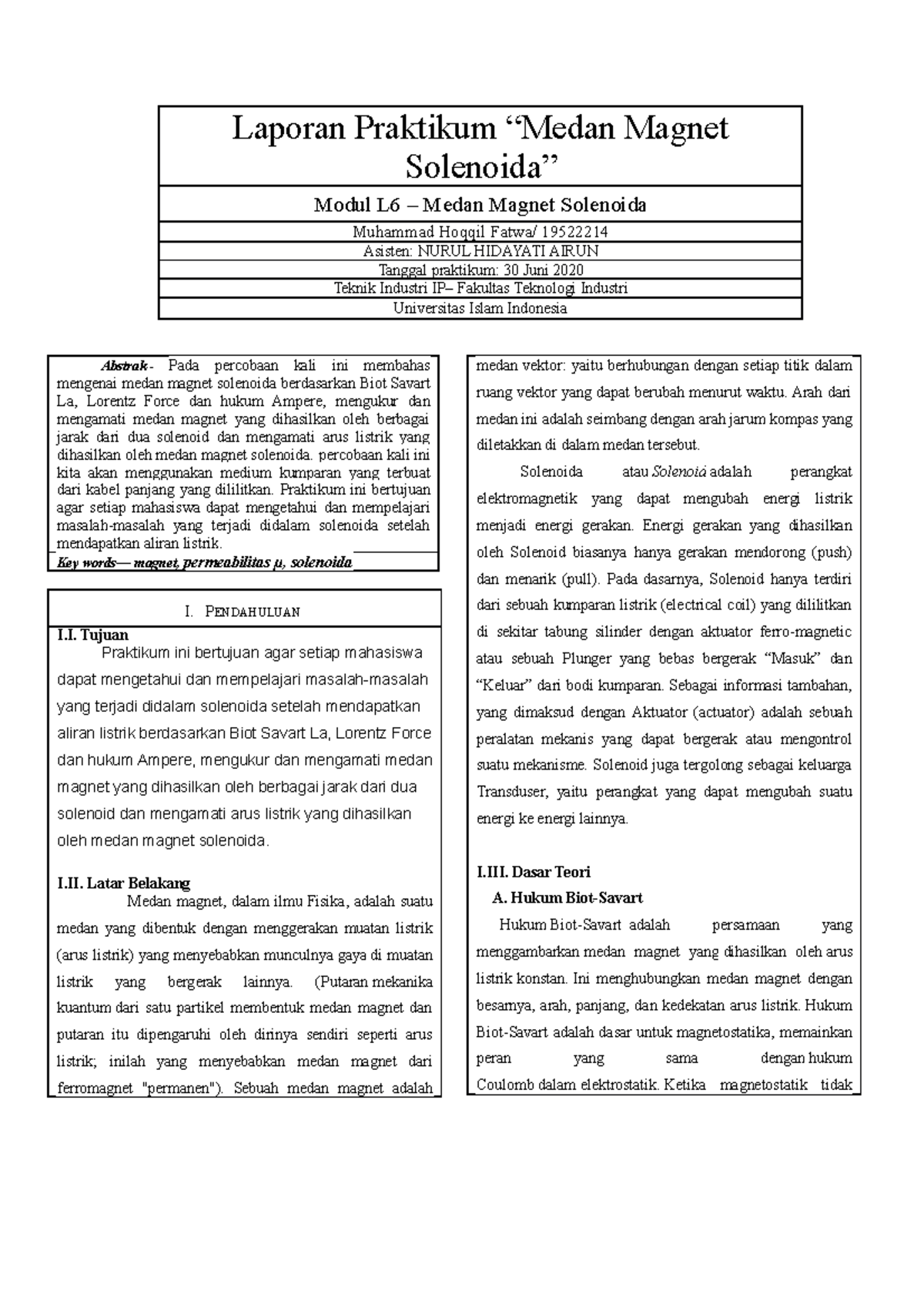 Practicum Report L6 - Laporan Praktikum “Medan Magnet Solenoida” Modul ...