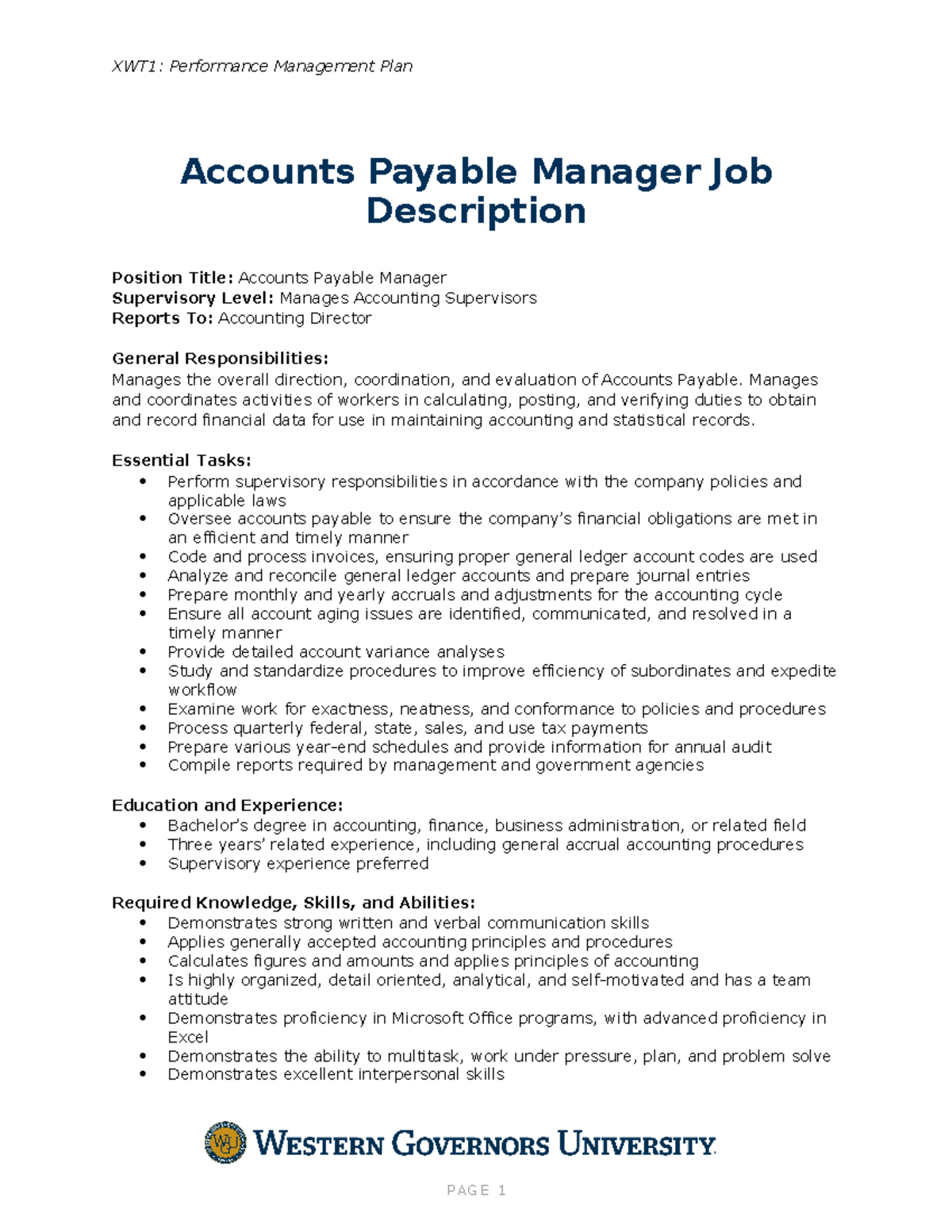 Accounts Payable Manager Job Description Uk