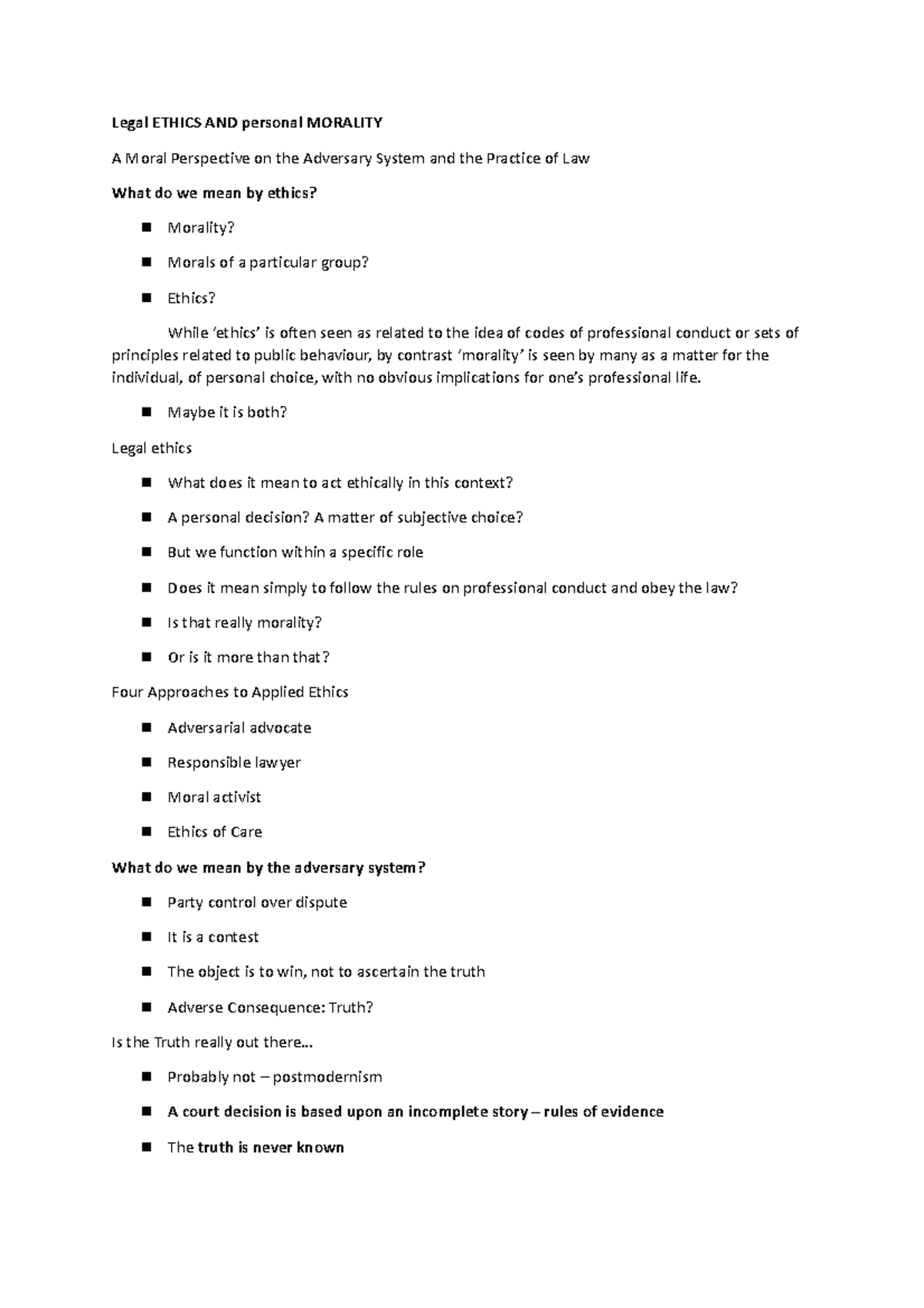 Ethics Brief Exam Notes Legal ETHICS AND personal MORALITY A Moral