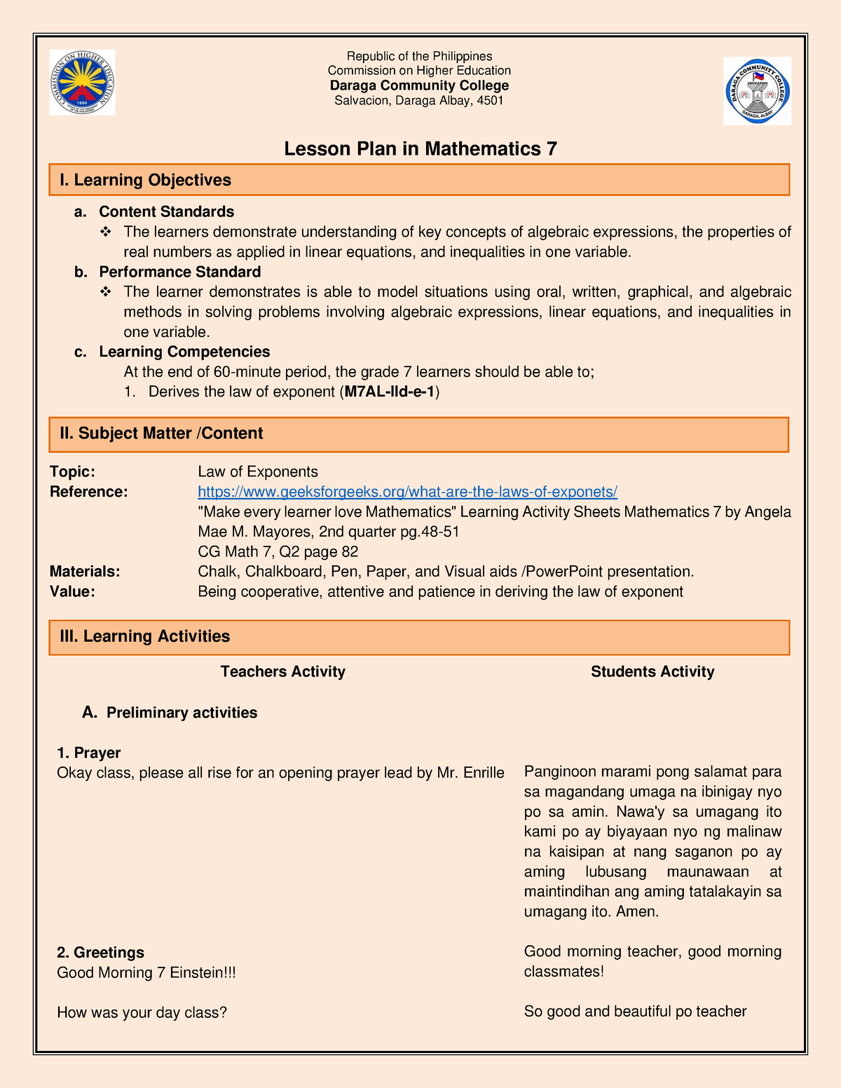 Law Of Exponent DLP Group 3 IV Math A - Commission On Higher Education ...