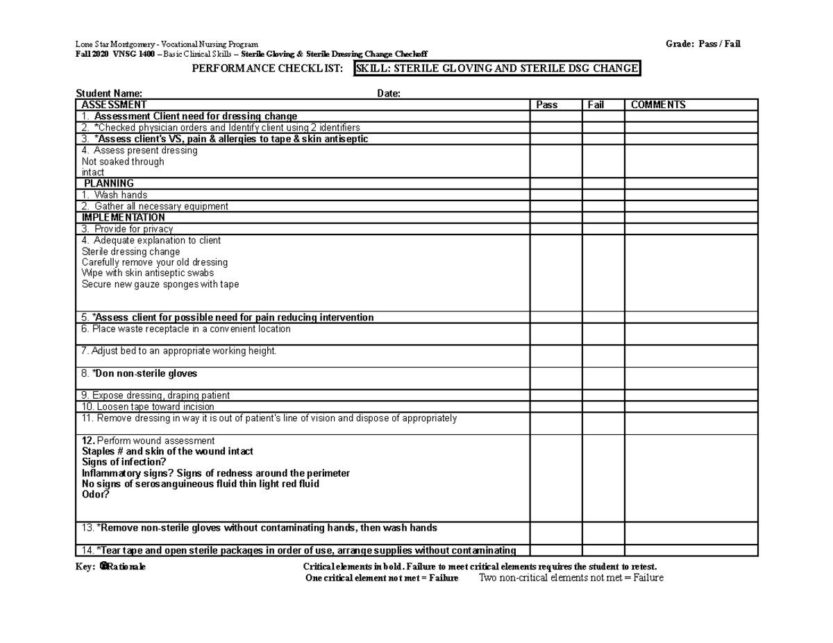 2020 Skill Sterile Gloving AND Sterile DSG Change Check Off Sheet ...