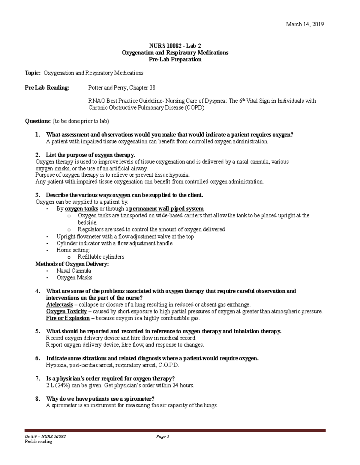 Oxygenation prelab reading 15 March 14, 2019 NURS 10082 Lab 2