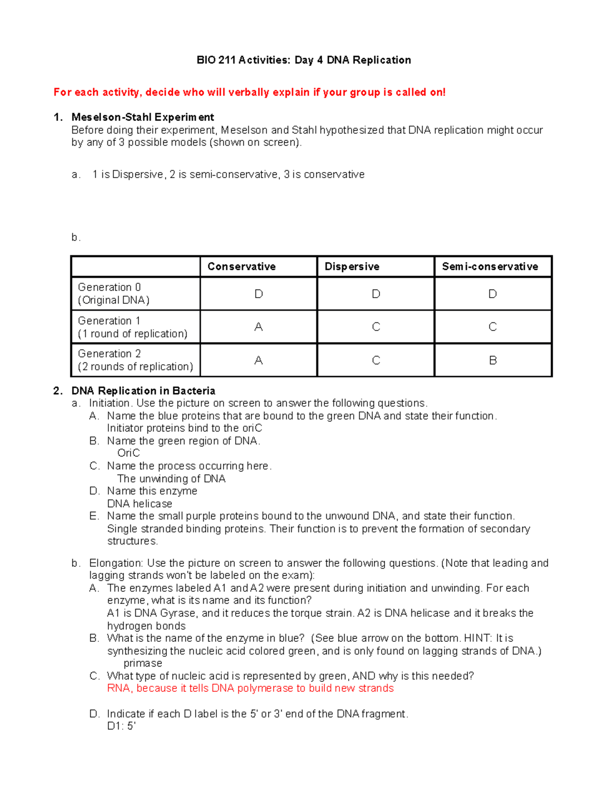 BIO 211- 4-DNA Replication - BIO 211 Activities: Day 4 DNA Replication ...