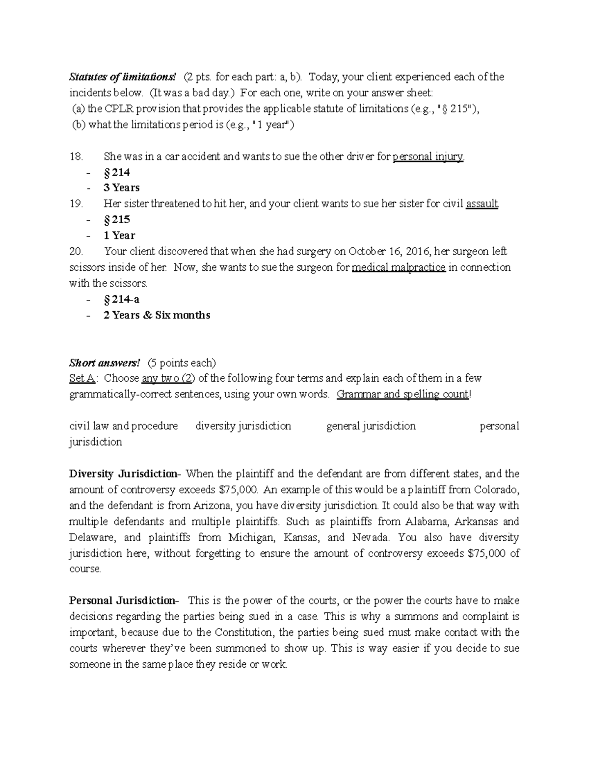Copy of Final Exam Questions (last part) Statutes of limitations! (2