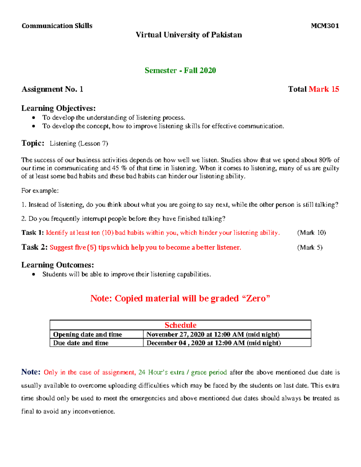 Fall 2020 Mcm301 1 Communication Skills Mcm Virtual University Of