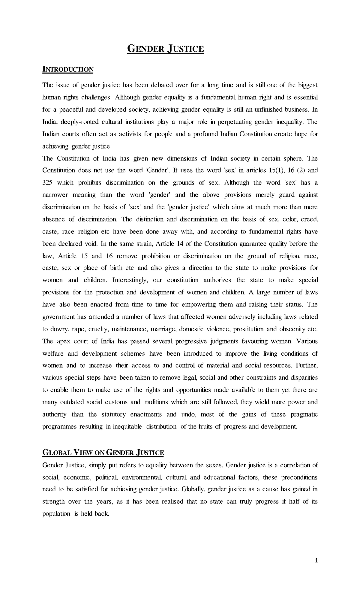 Studymeterial 01122020 GENDER JUSTICE INTRODUCTION The Issue Of Gender Justice Has Been 