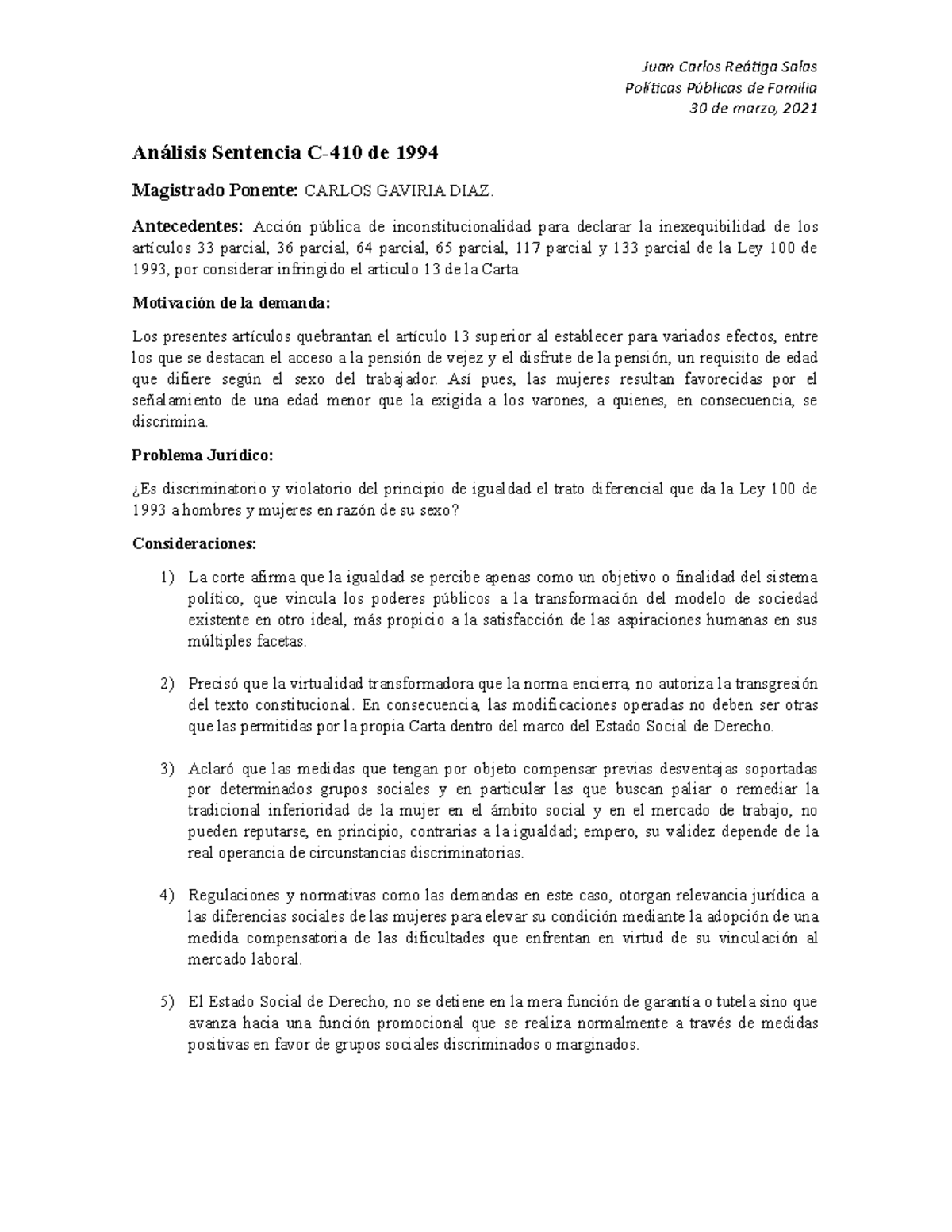 Sentencia C 410 de 1994 - ANALISIS JURISPRUDENCIAL - Juan Carlos